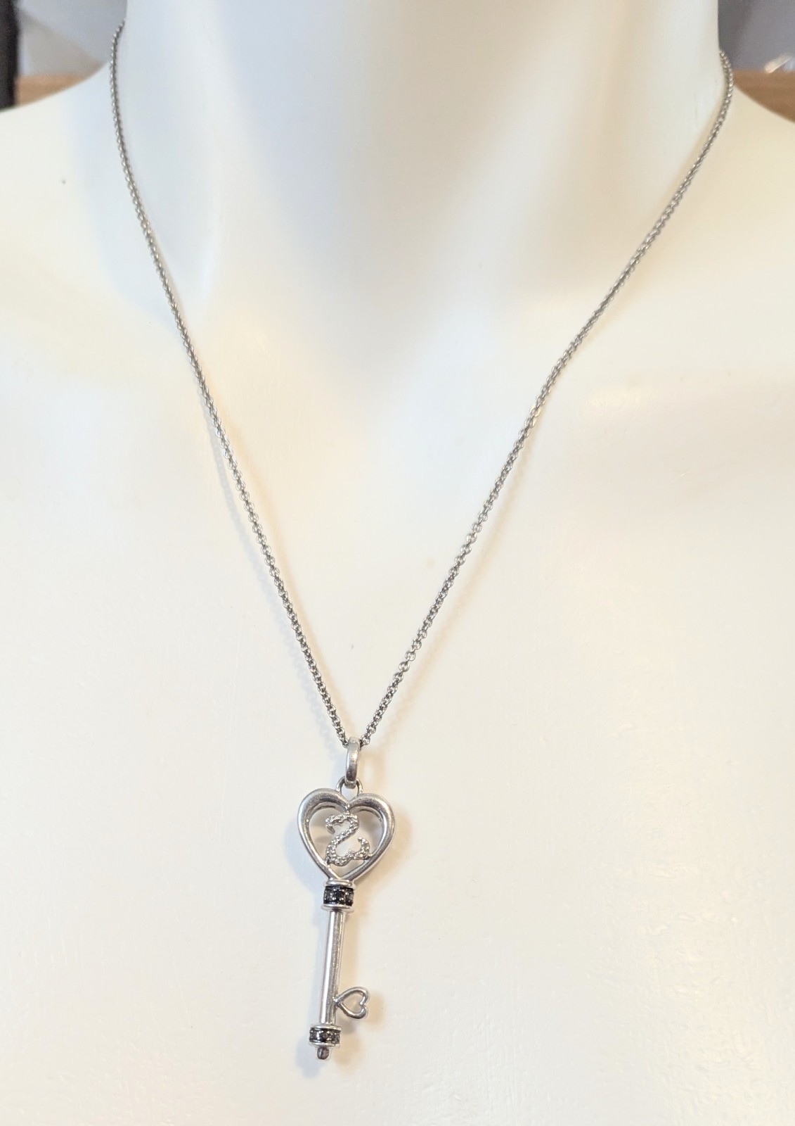 Sterling Silver Open Heart Black White Pave Diamond Key Necklace 20″