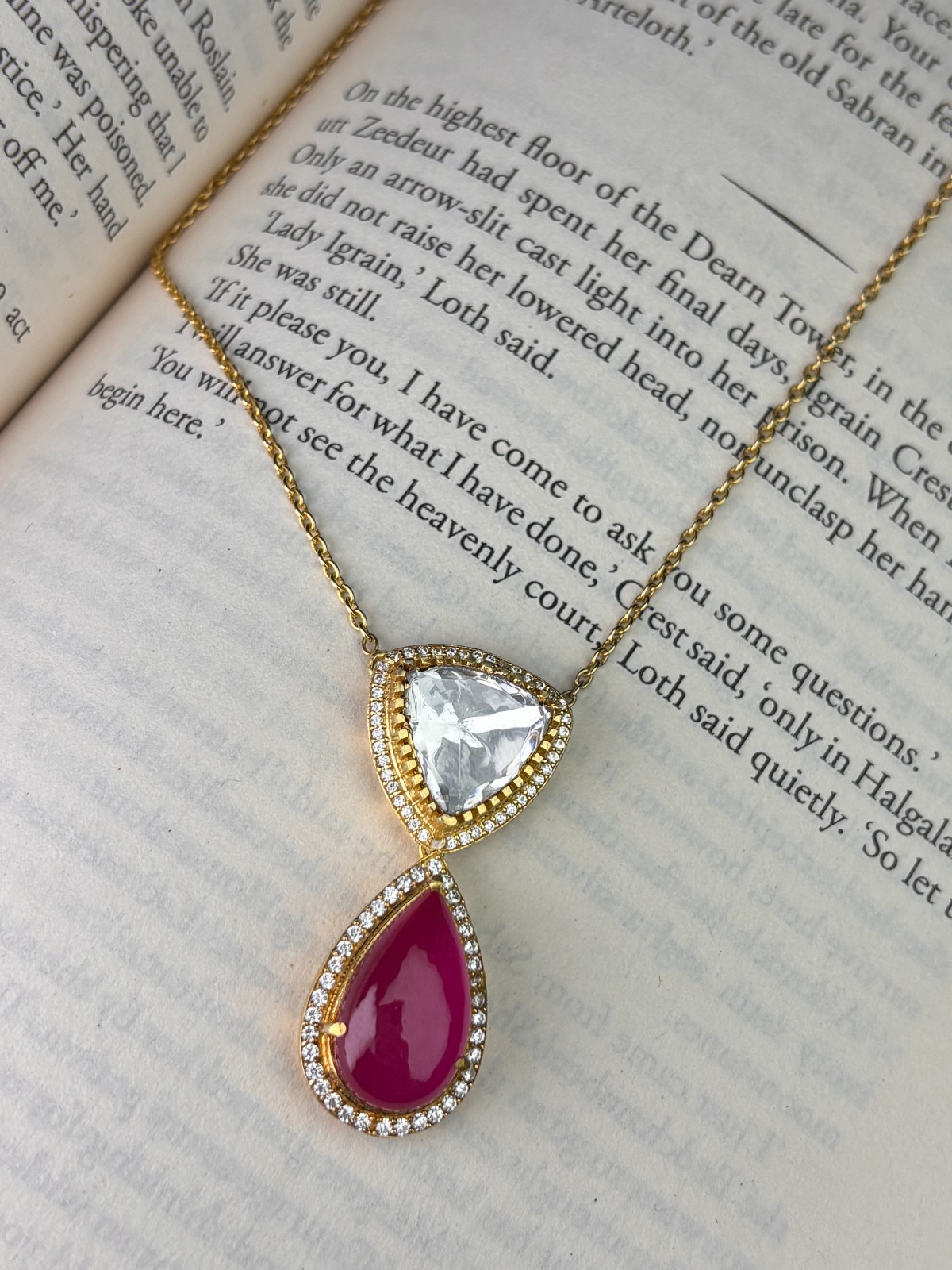 925 Silver Pendant Trillion Clear & Pear Ruby Pink CZ Gold Tone For Women