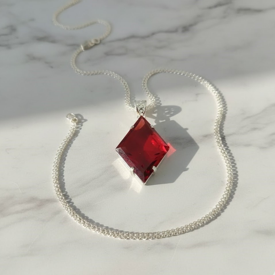 Elegant Kite Cut Red Ruby Pendant 80-90Ct – Sterling Silver Gemstone Necklace