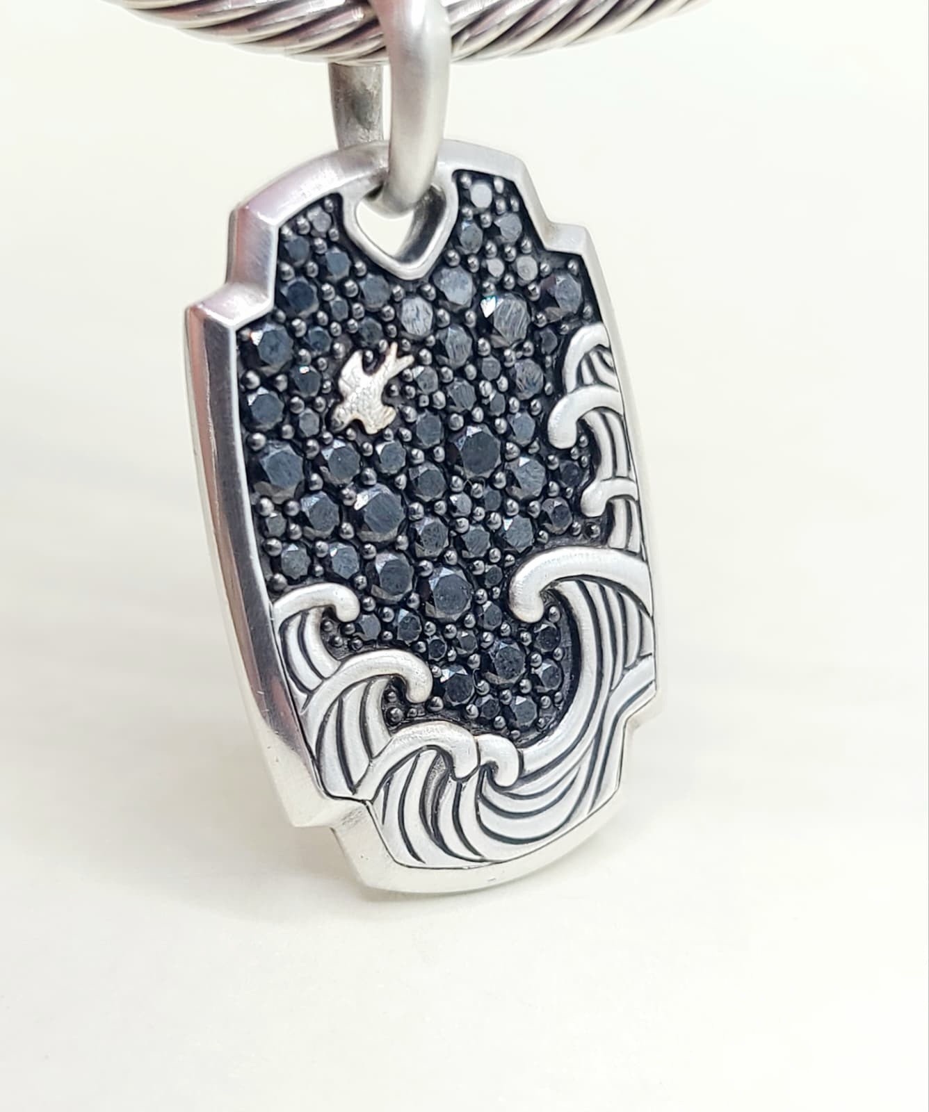 David Yurman Waves Tag Pendant With Pave Black Diamonds In Sterling Silver