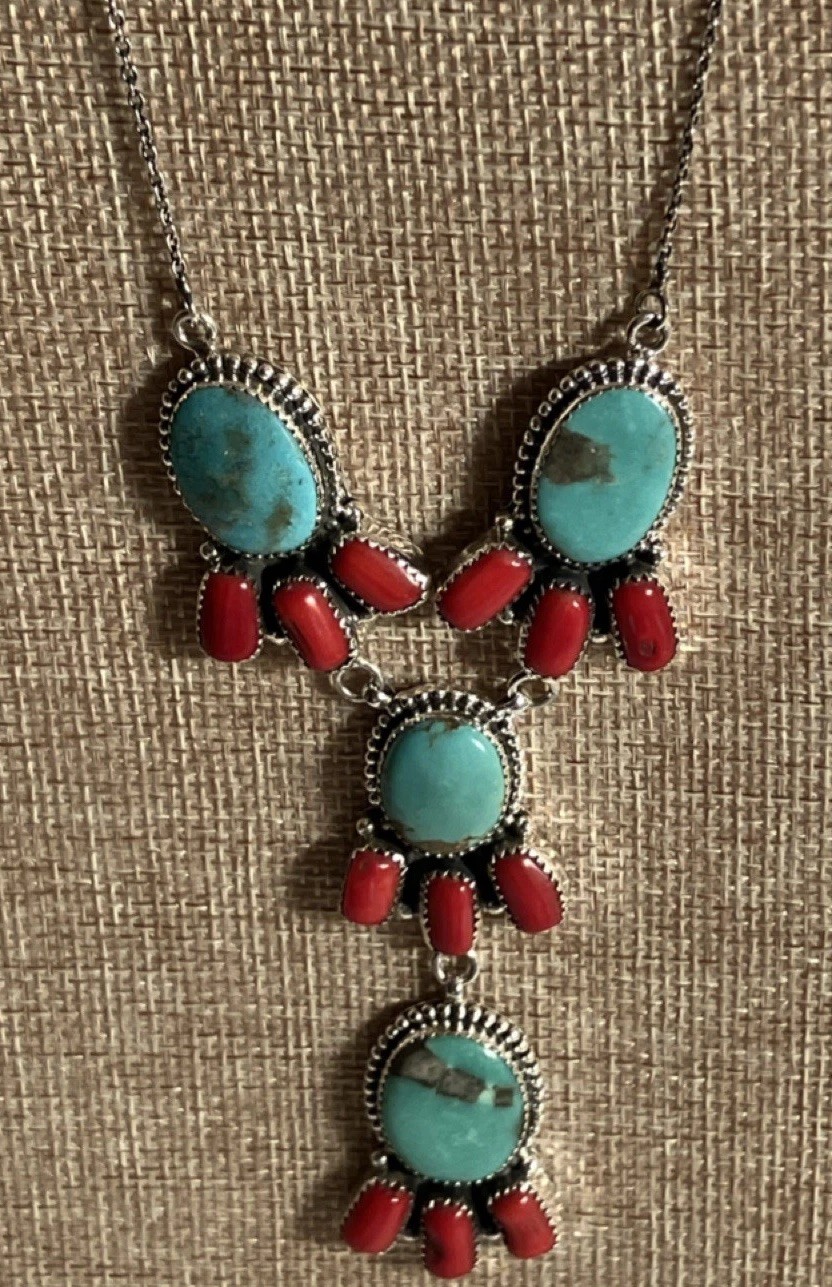 Natural Turquoise & Mediterranean Coral Bezel Set Lariat 18” Necklace 39gm Red