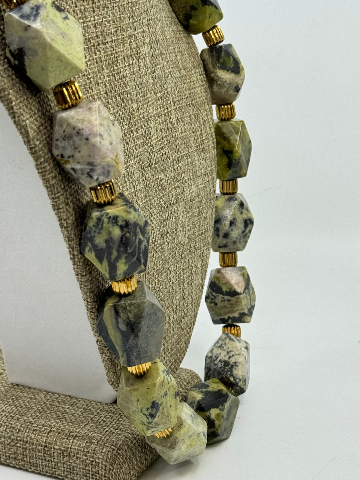 Statement 10 mm Hexagon Ocean Jasper and Gold Tone Bead Necklace 24 Inch