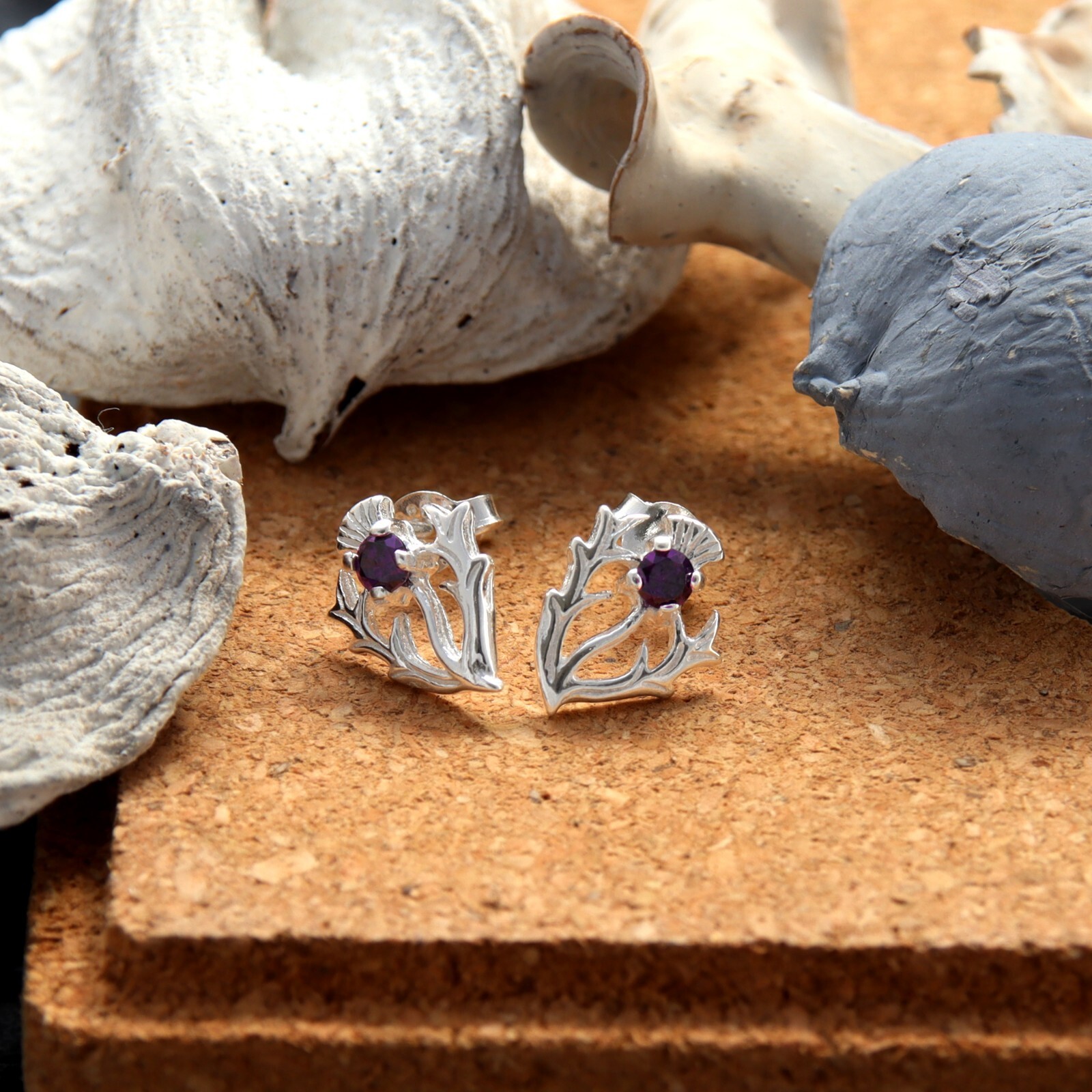 Sterling silver Scottish thistle purple amethyst stone jewellery set in gift box