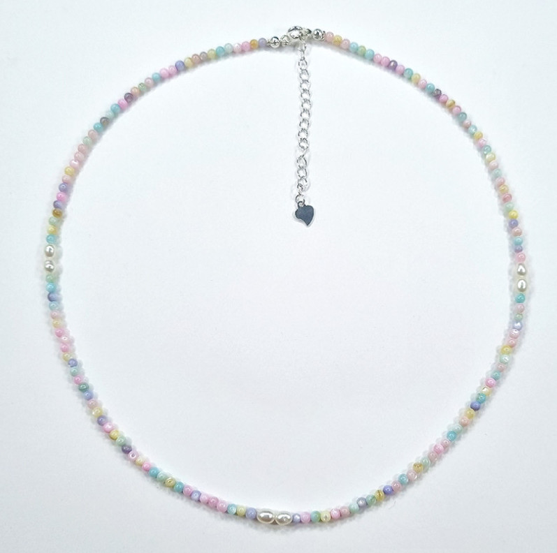 Dainty Pastel Multi-Bead Choker Necklace 925 Silver Pearl & Shell Accent