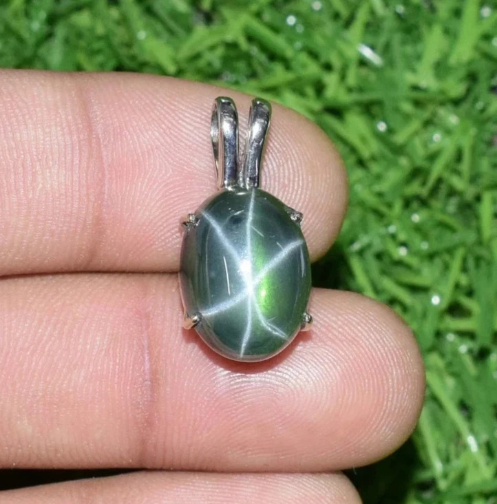 15 Ct Natural Oval 6 Rays Green Star Sapphire Gemstone Sterling Silver Pendant