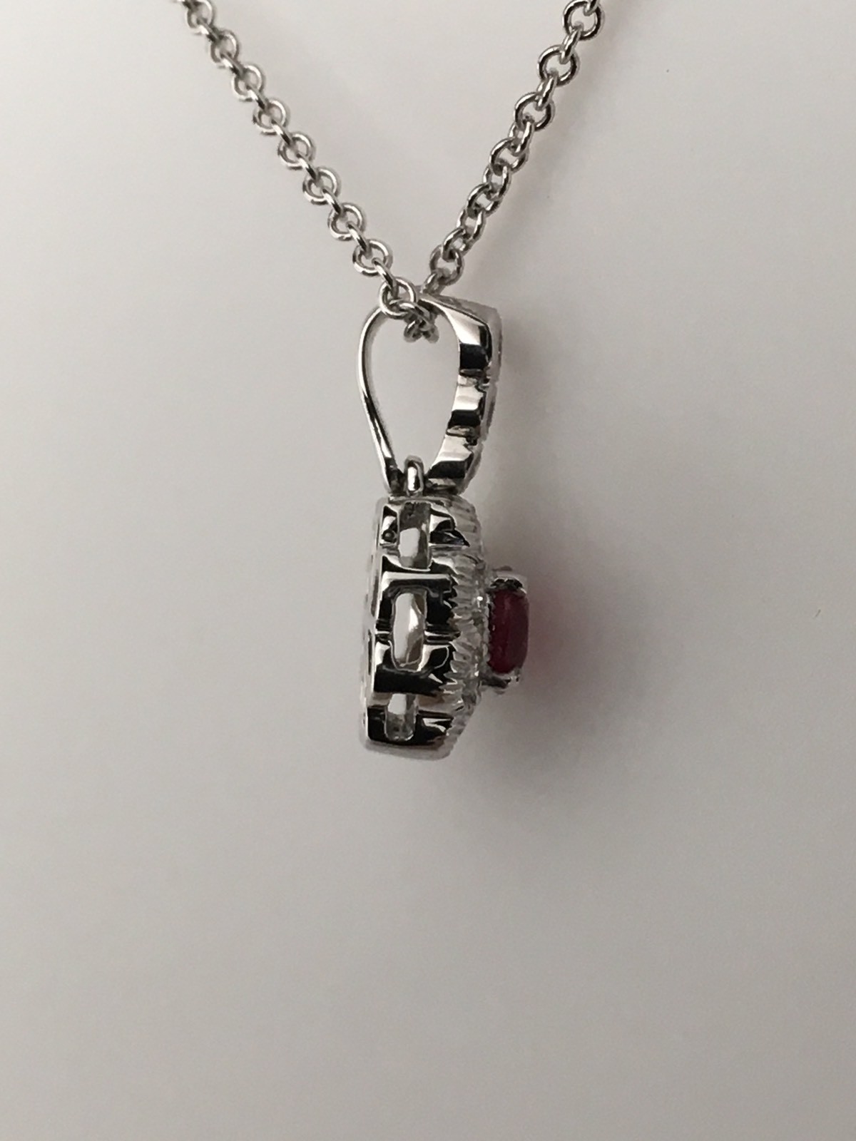 18K White Gold Cherry Red Ruby and 0.20ct Diamond Pendant with Chain Brand New