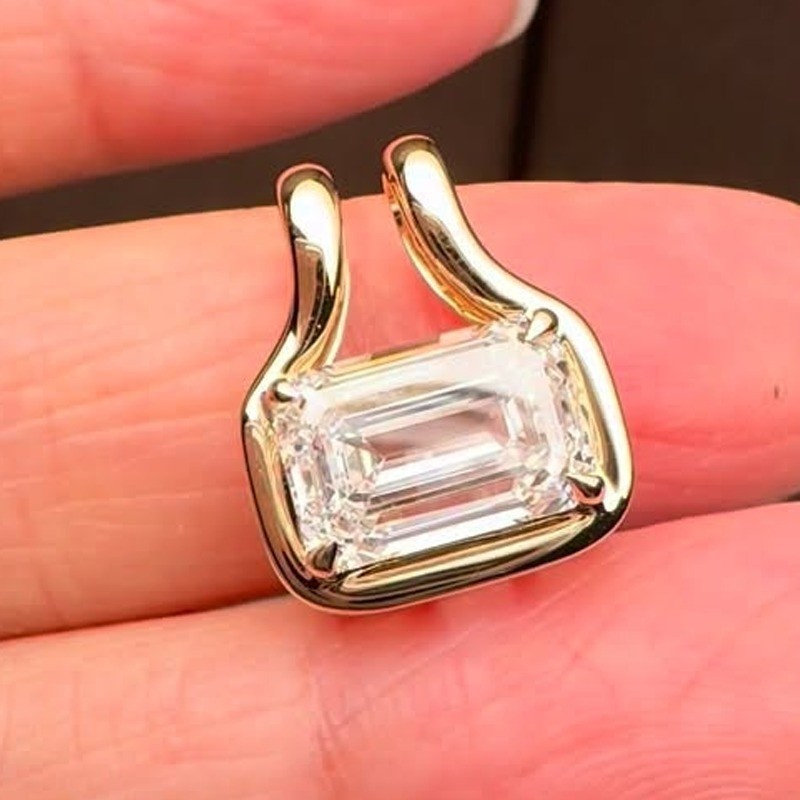2.97 CT Emerald Cut Moissanite Bezel Set Pendant No Chain 14k Yellow Gold Plated