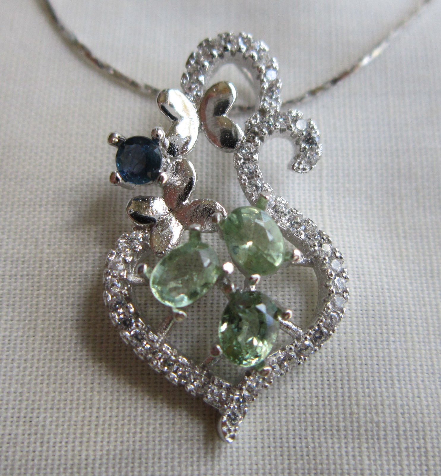 .925 STERLING SILVER GENUINE GREEN & BLUE SAPPHIRE / LC DIAMOND PENDANT NECKLACE