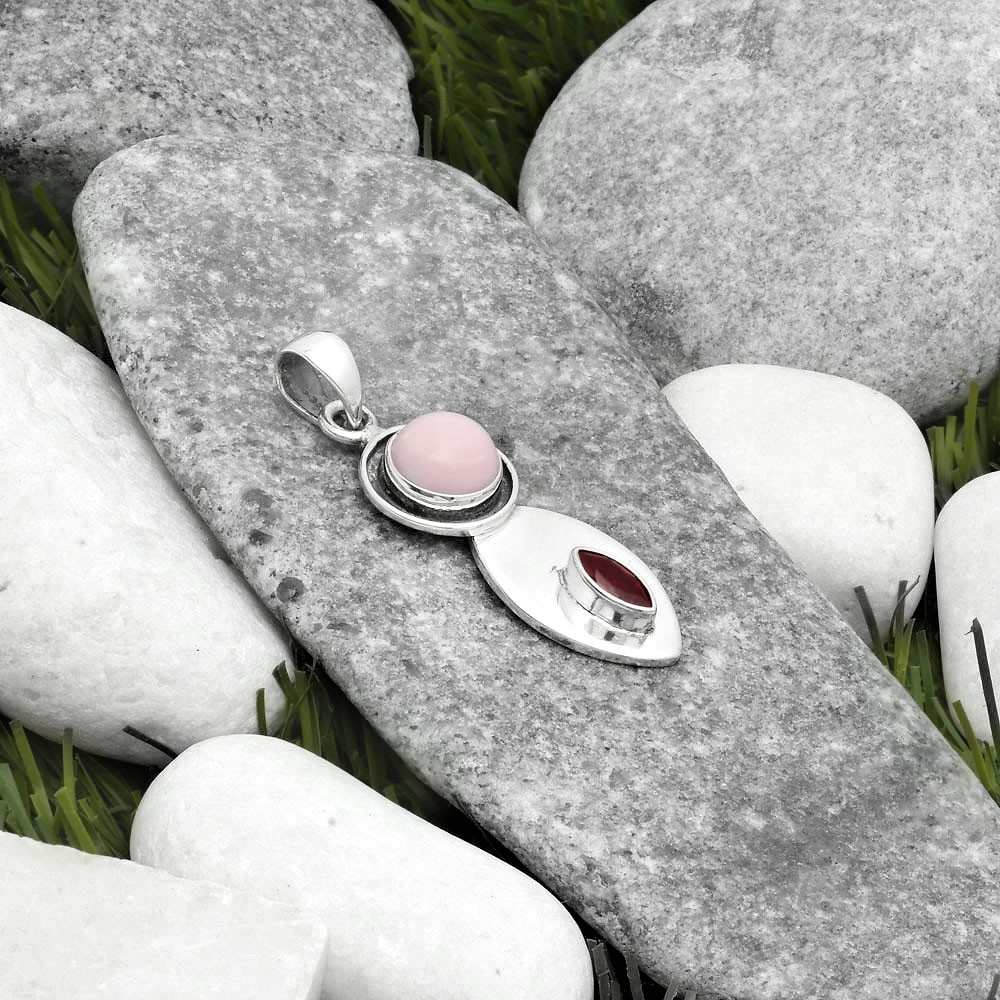 Natural Pink Opal Australia & Garnet 925 Sterling Silver Pendant Jewelry P-1186
