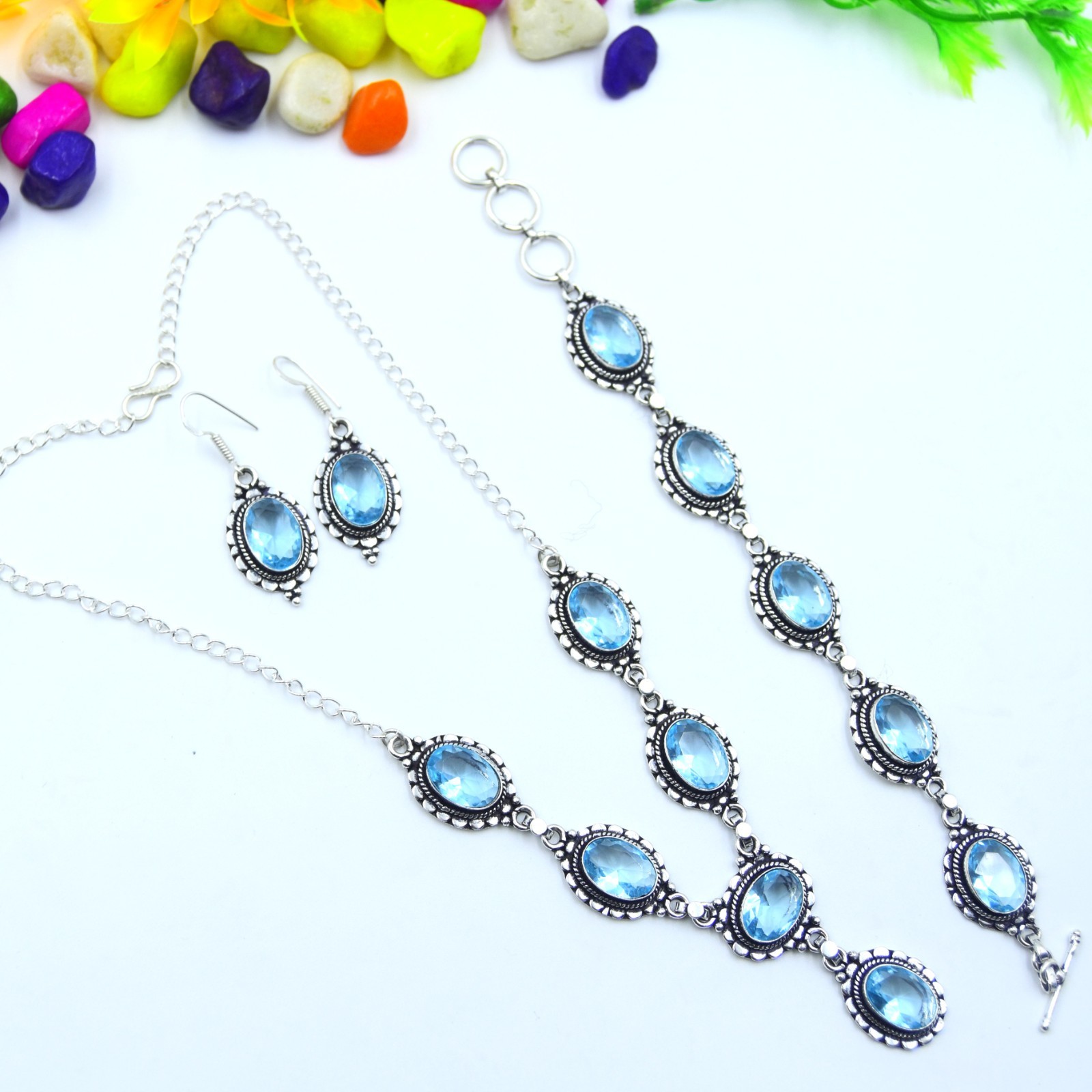 Blue Aquamarine Gemstone 925 Sterling Silver Jewelry Necklace Size-17-18″