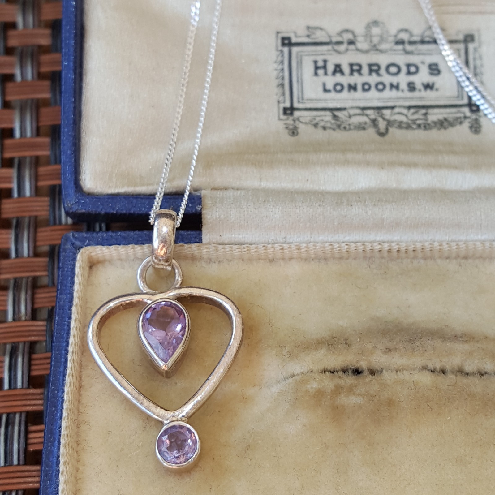Vintage 925 Sterling Silver Necklace, Rose De France Amethyst Heart Pendant