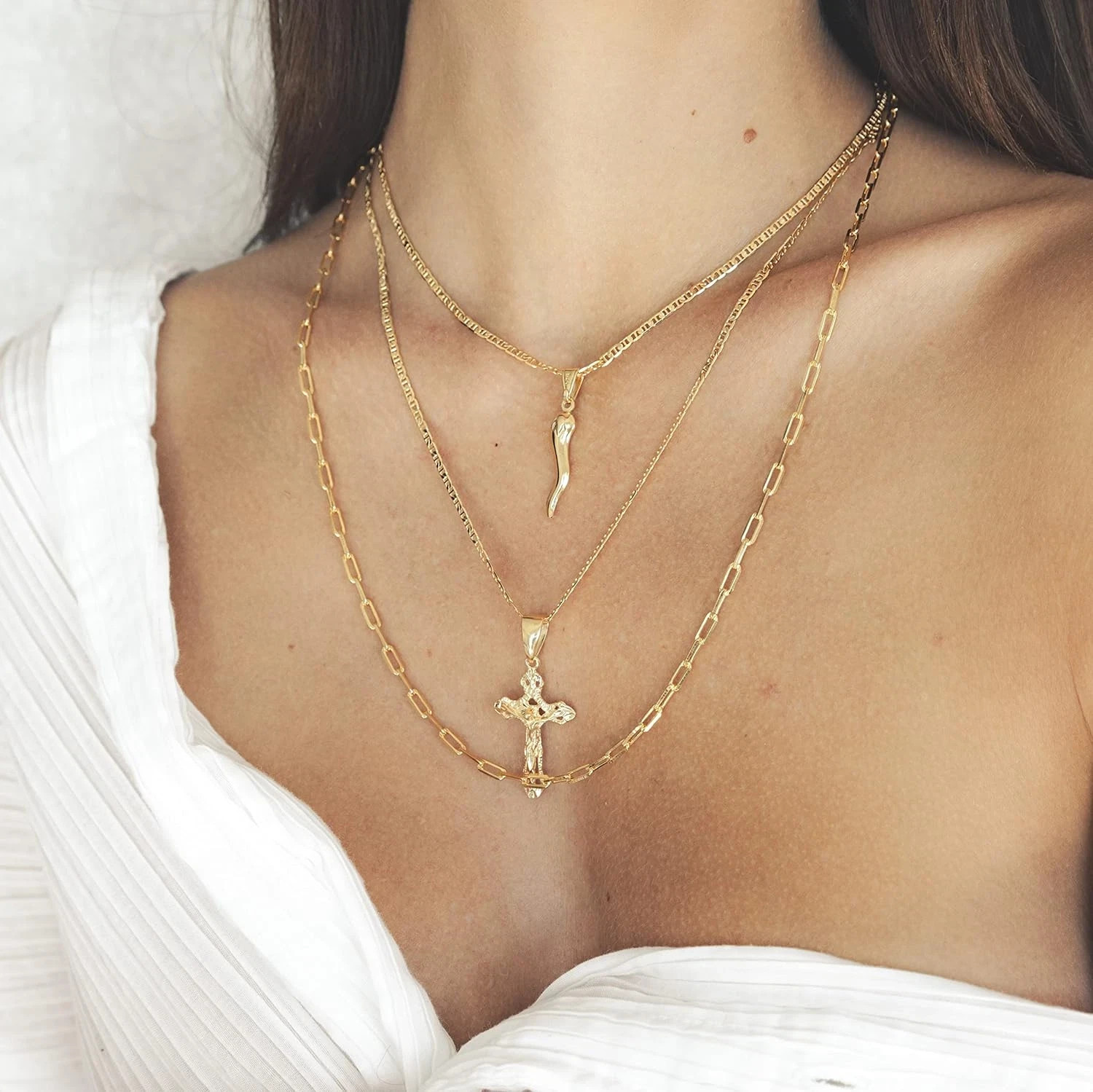 18K Gold Plated Flat Marina Chain with Italian Horn Necklace Cornicello – Made i