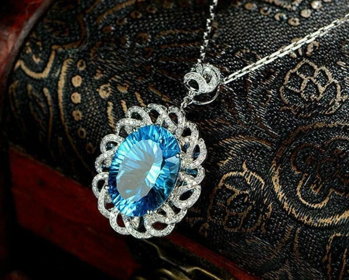 3.50Ct Oval Cut Blue Topaz Diamond Halo Pendant 14K White Gold Finish Free Chain