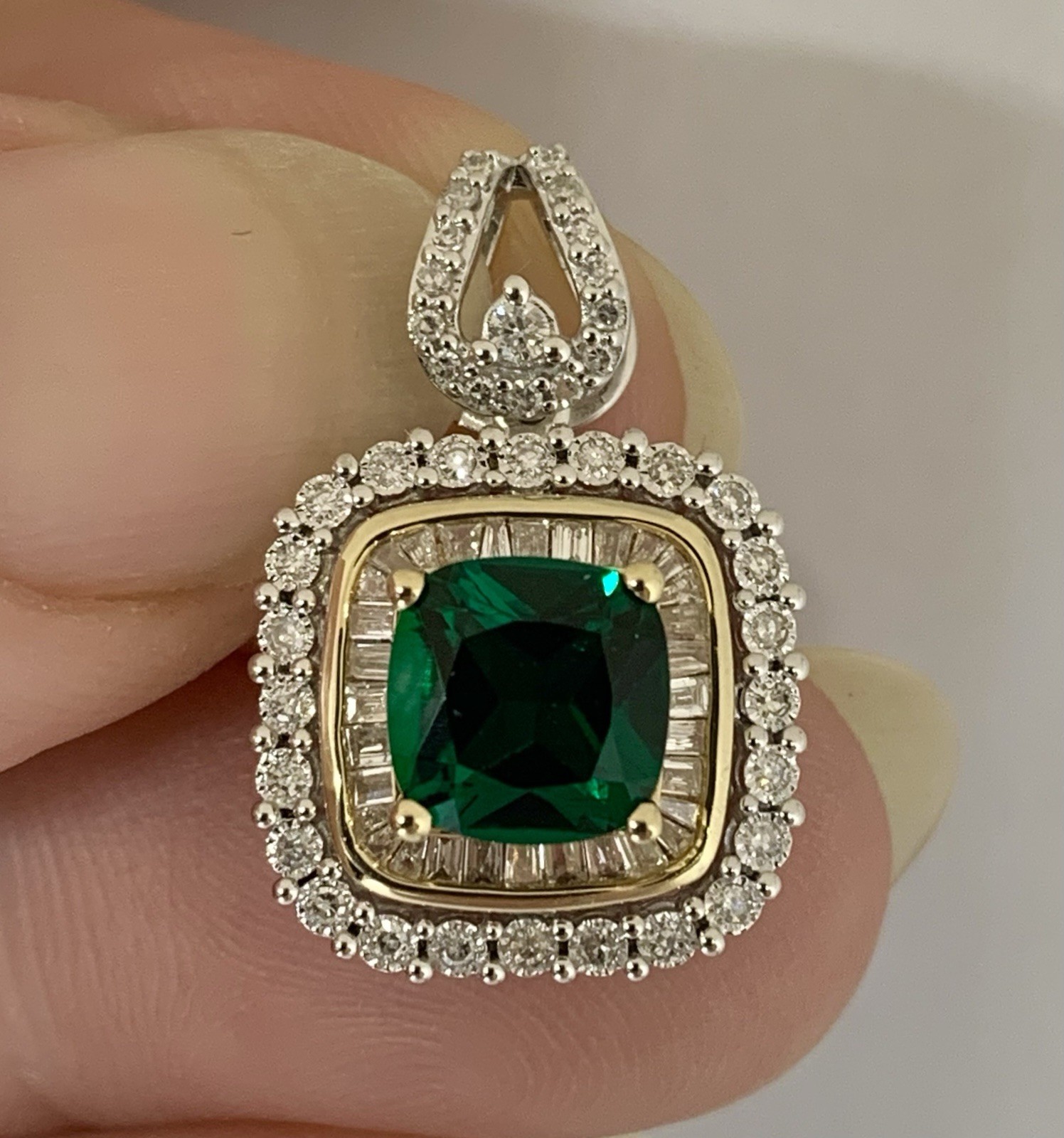 10k Yellow White Gold App 2.5ct Natural Diamond Double Halo Lab Emerald Pendant