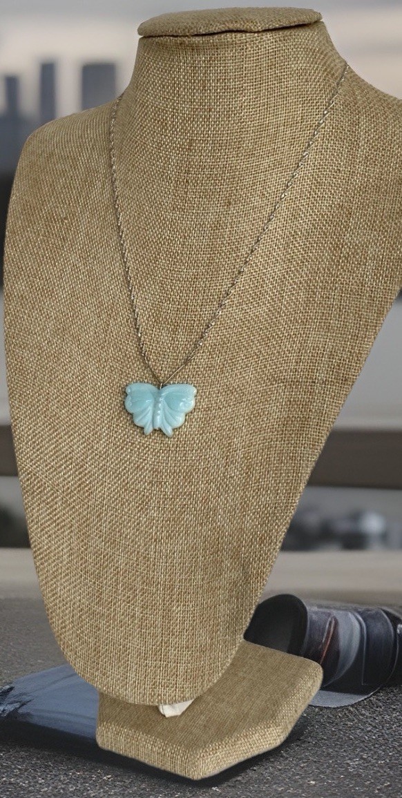 Sterling Silver Chain with Carved Blue Amazonite Butterfly Pendant 18″ Long