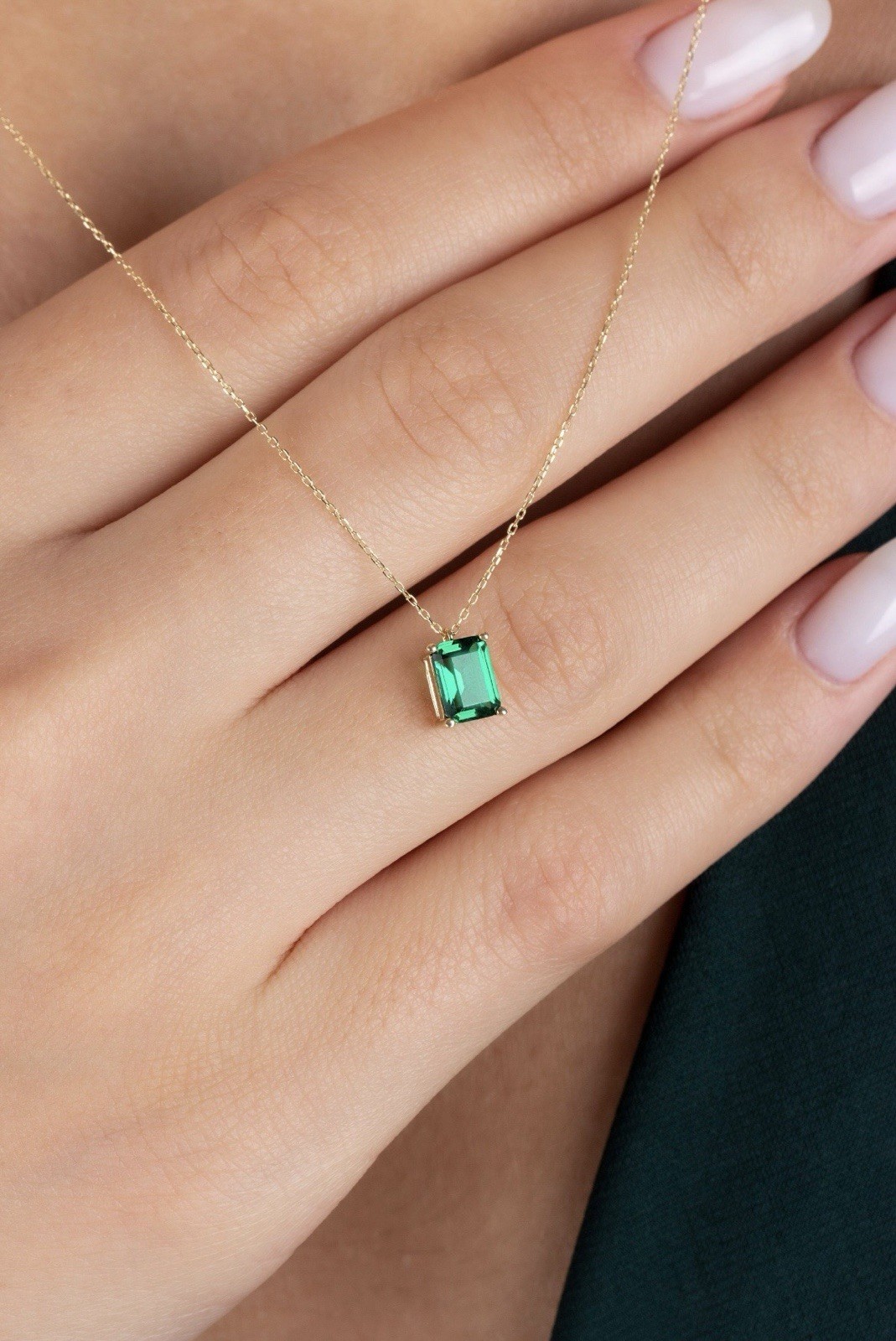 Emerald Rectangle Necklace 14K Solid White Gold, 16in (40cm) Chain Length