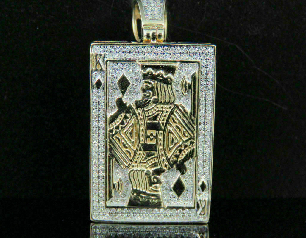 Natural Moissanite Men’s 14K Yellow Gold Plated Silver King Card Poker Pendant