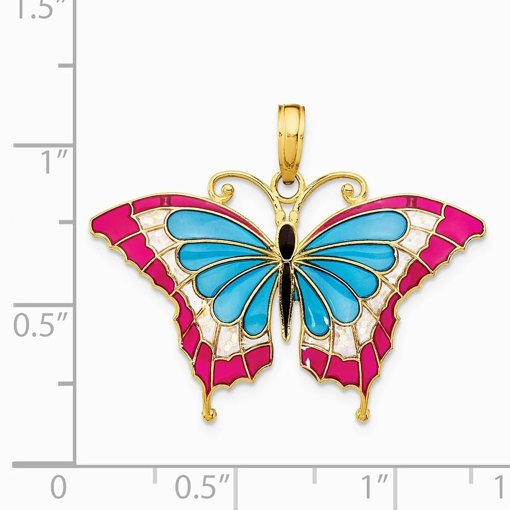 10K / 14K Yellow Gold Blue & Red Enameled Butterfly Pendant