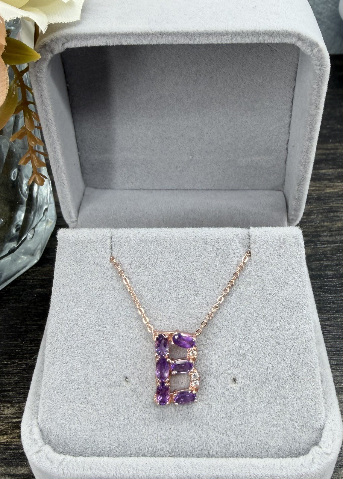 Stunning Natural Purple Amethyst Initial B 18K Rose Gold Pendant/Necklace 20 in