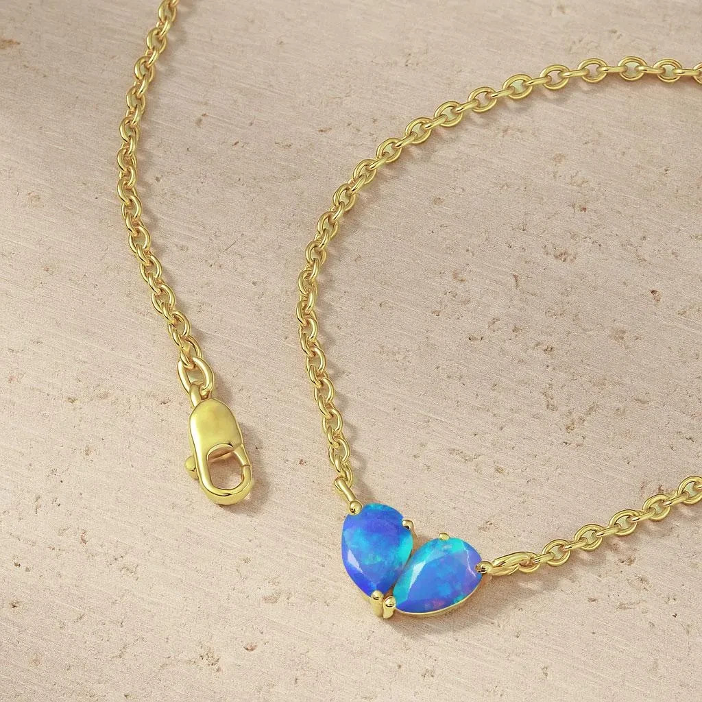 Natural Blue Opal Dual Pear Gemstone Necklace, Multifire Opal Gold Chain Pendant