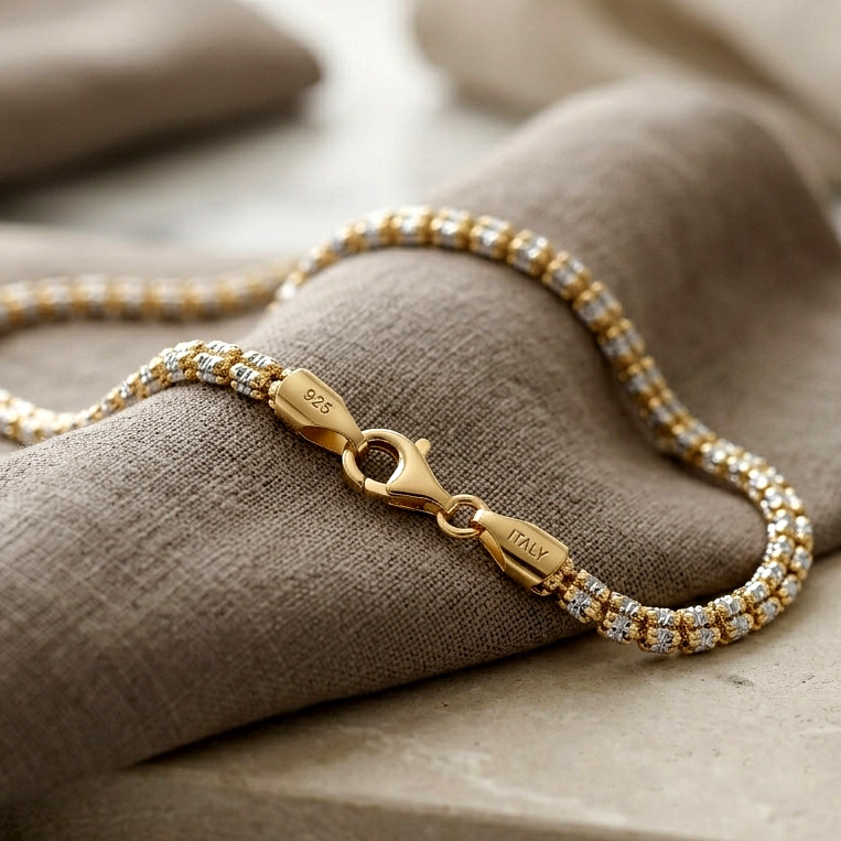 Two-Tone Gold 3mm Diamond-Cut Ice Italian Necklace 18″-24″ 925 Sterling Silver