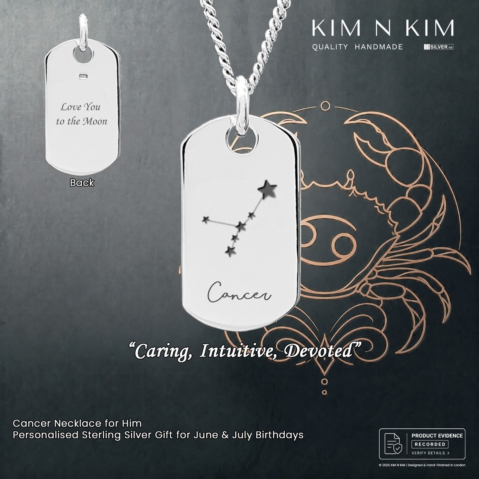 Cancer Necklace for Him – Personalised Sterling Silver Gift for June & July