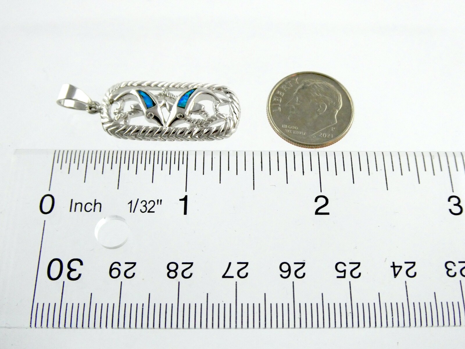 Sterling Silver Simulated Blue Opal Inlay Two Dolphin Pendant 925 5.3g 1 3/8 In