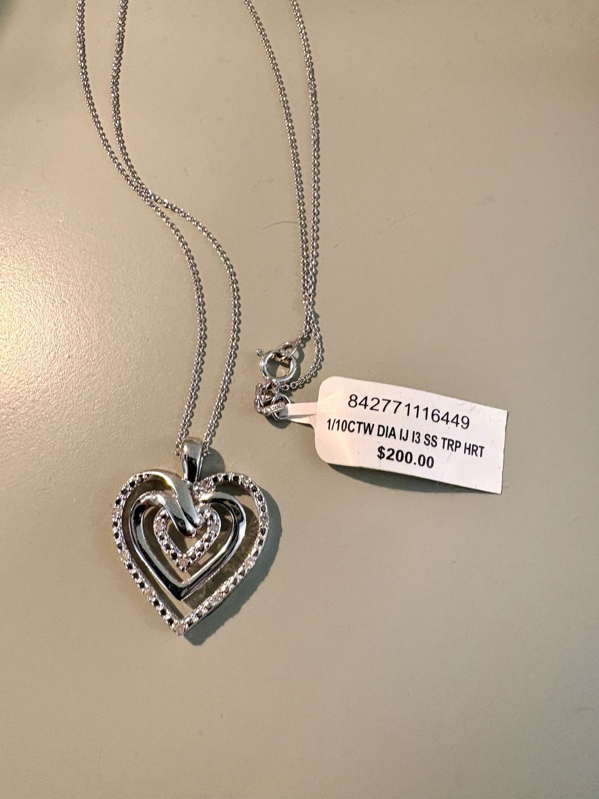 Triple Heart Diamond Pendant 18″ Sterling Silver Necklace (1/10 ctw) NWT. Macy’s