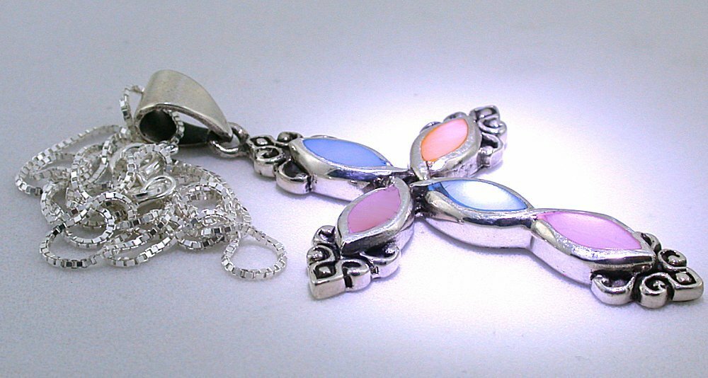 2 1/3 Inch Blue Pink Fiber Optic Cabochon Sterling Cross Pendant 18 Inch Chain