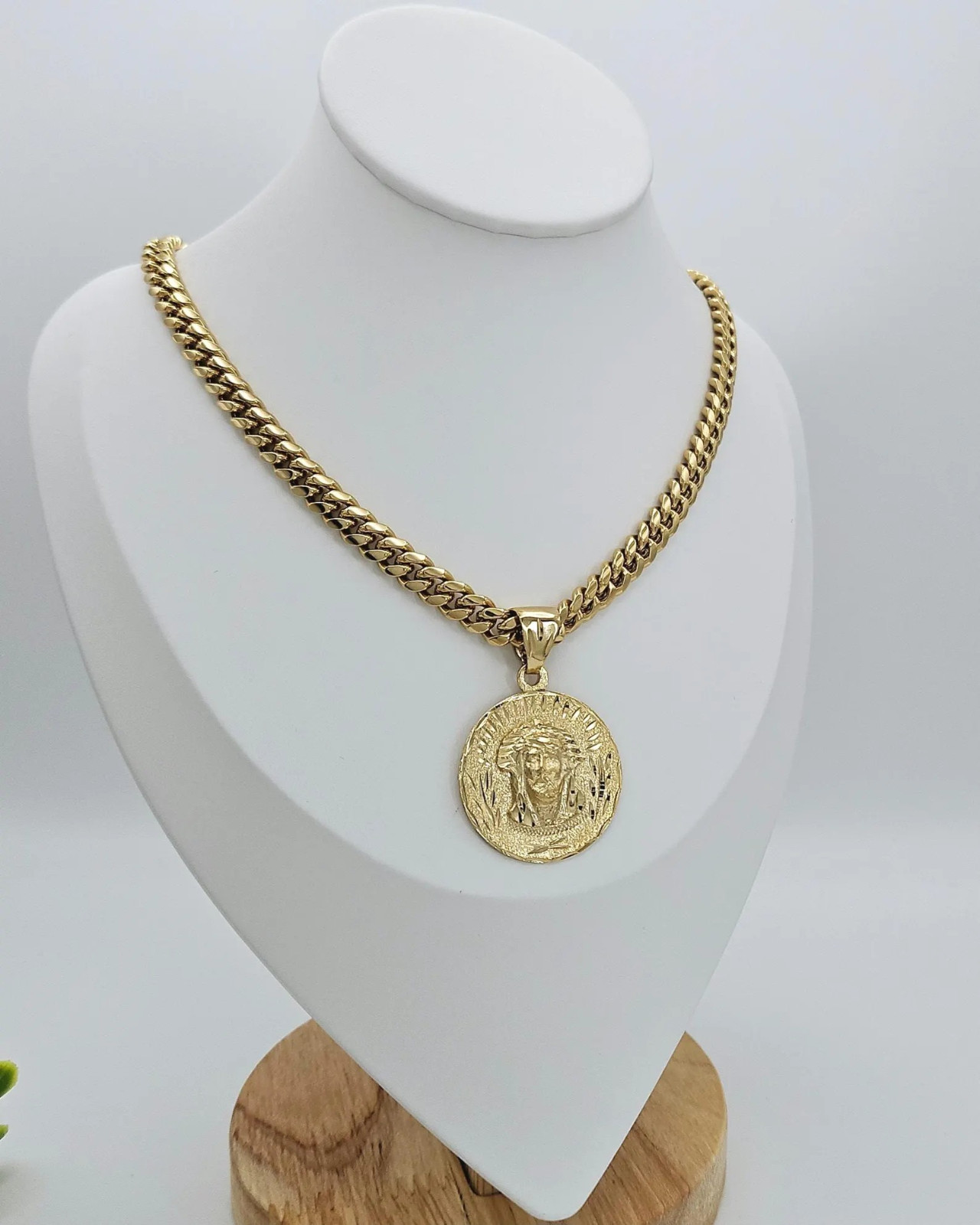 Gold Large Jesus Necklace, 7mm Curb Link, 14k Gold Plated, Waterproof, No Fade