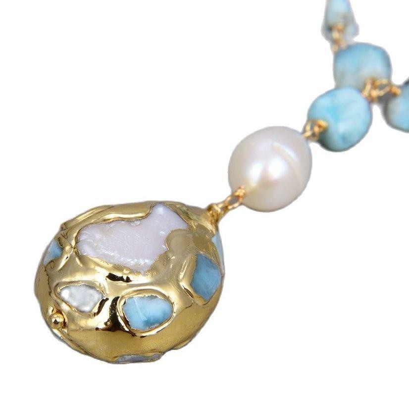 Blue Larimar Pearl Necklace Gold Plated Statement 21in Freshwater Women
