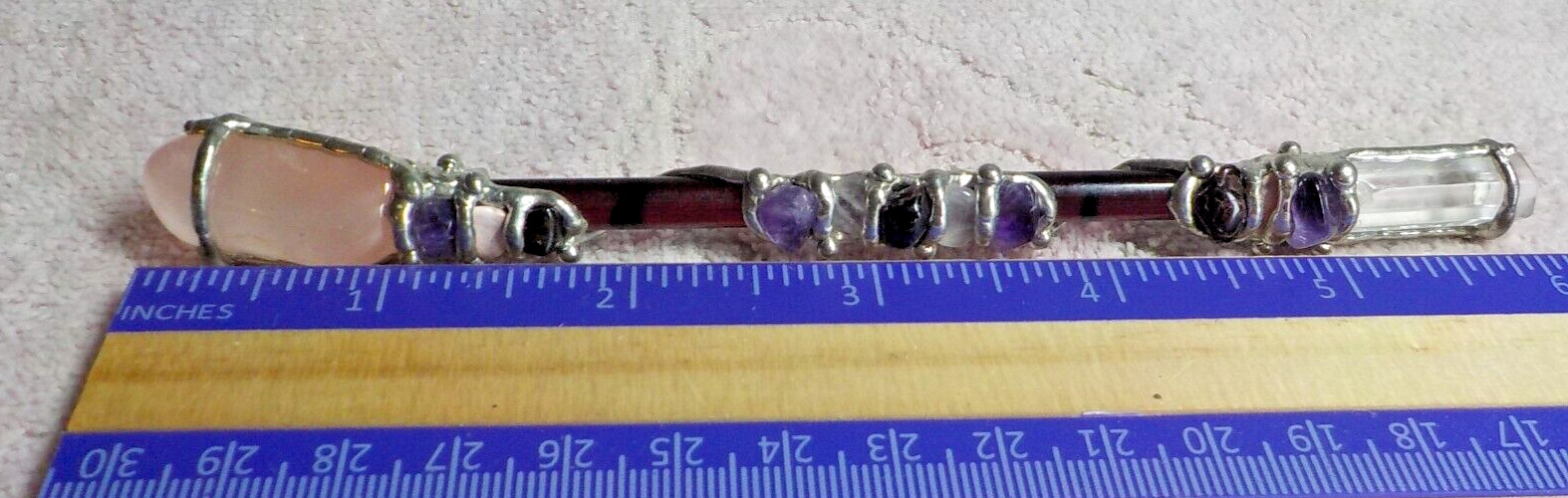 STERLING SILVER WRAPPED AMETHYST/QUARTZ CLEAR POINT/PINK QTZ HEALING WAND/STICK