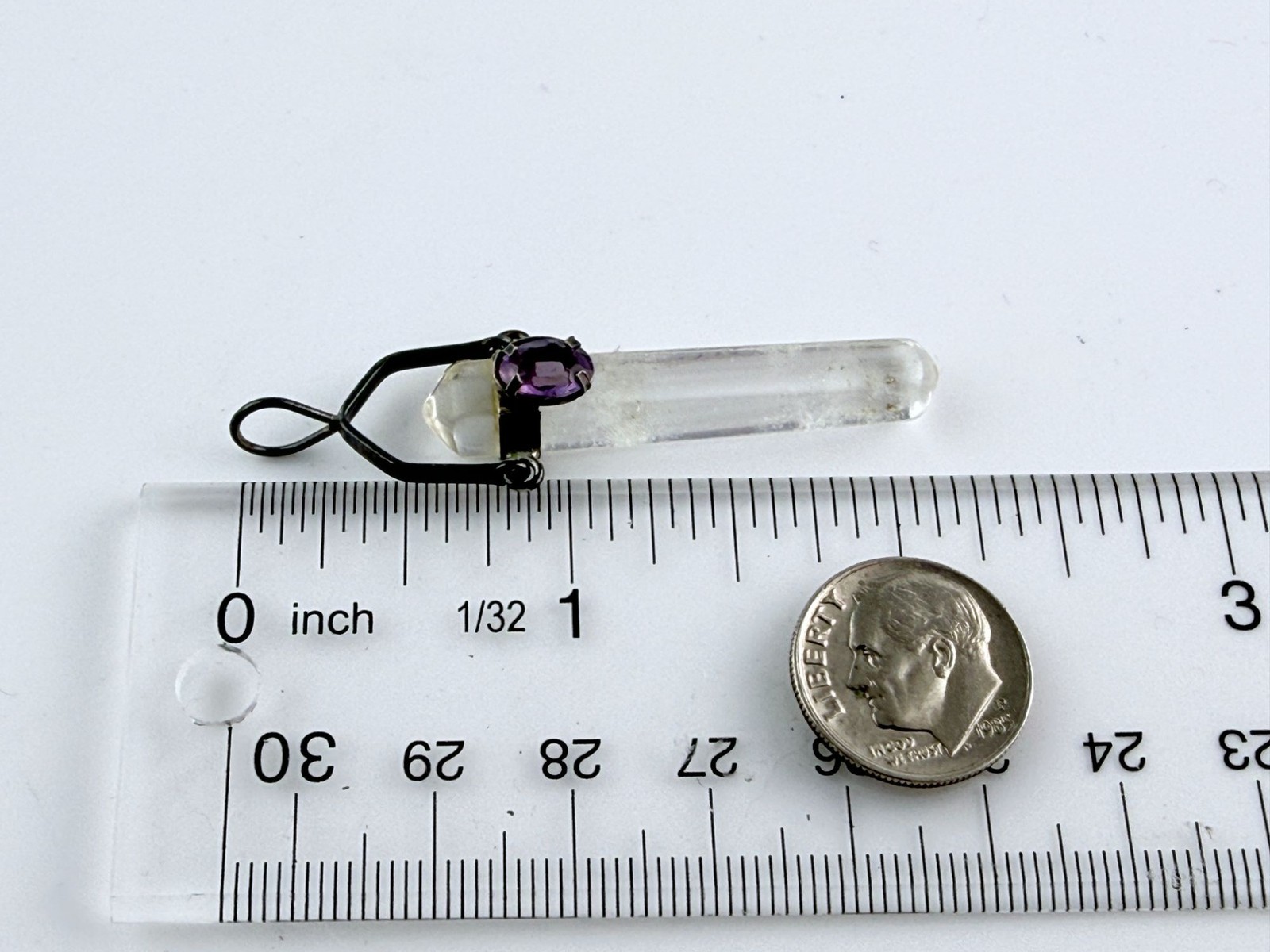 Sterling Silver Quartz Point with Amethyst Accent Pendant 5.4g 2 1/8 Inches