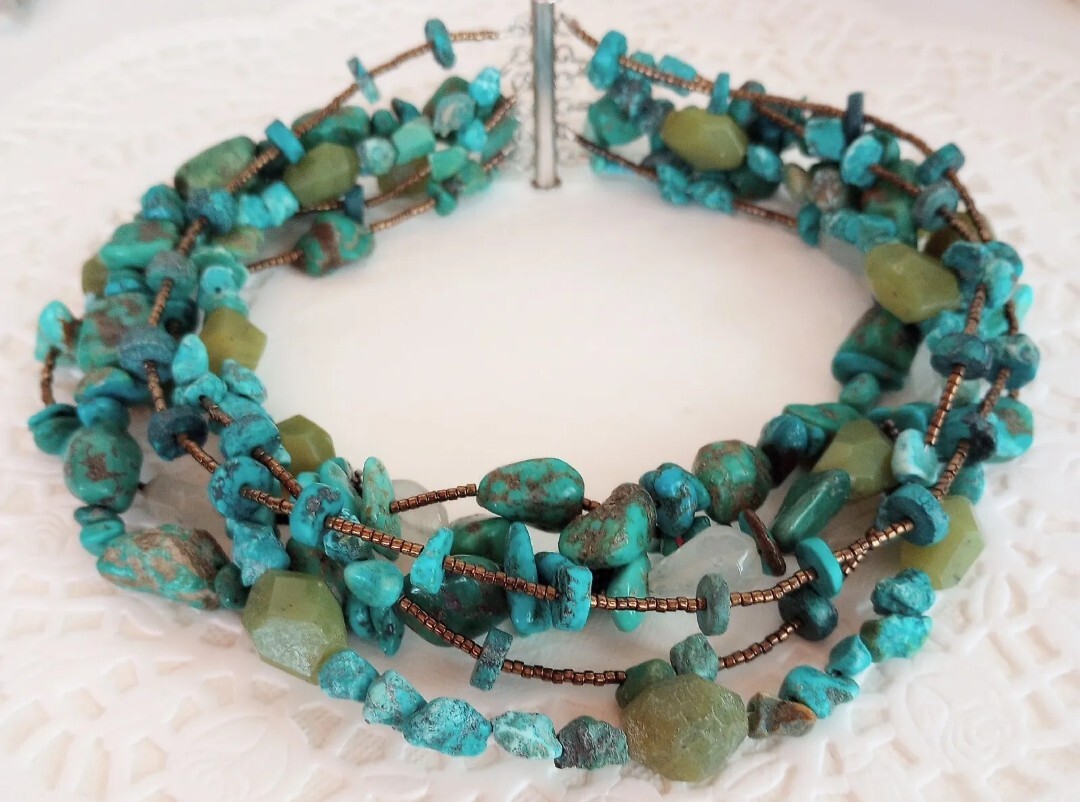 Vintage ? Native American ?Stone Bead Choker 6Row Necklace Turquoise Nuggets 925