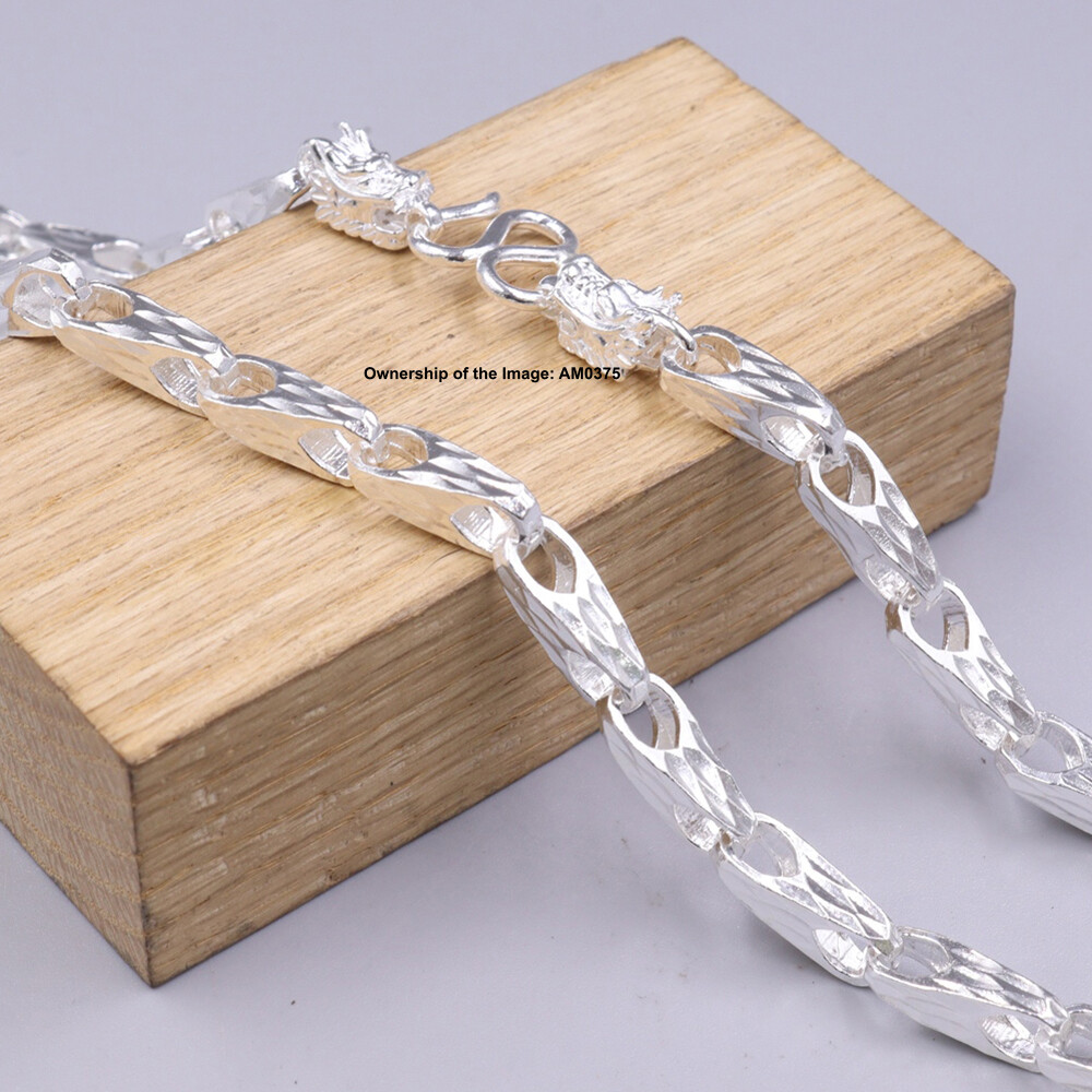 Pure 999 Fine Silver 5mm Triangle Link Chain Dragon Head Necklace 23.6inch