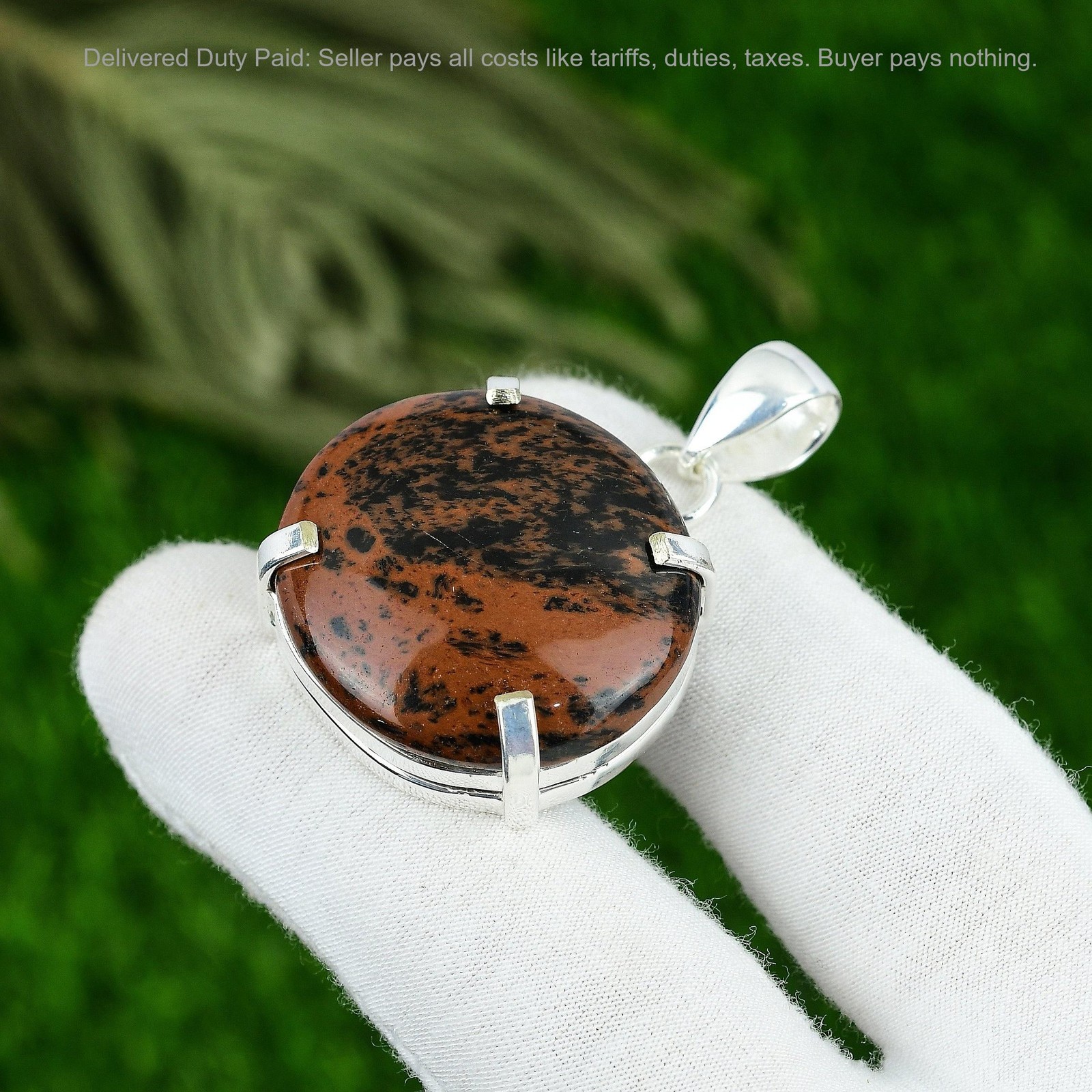 Sterling Silver Round Mahogany Obsidian Stone Anniversary Birthday Bezel Pendant
