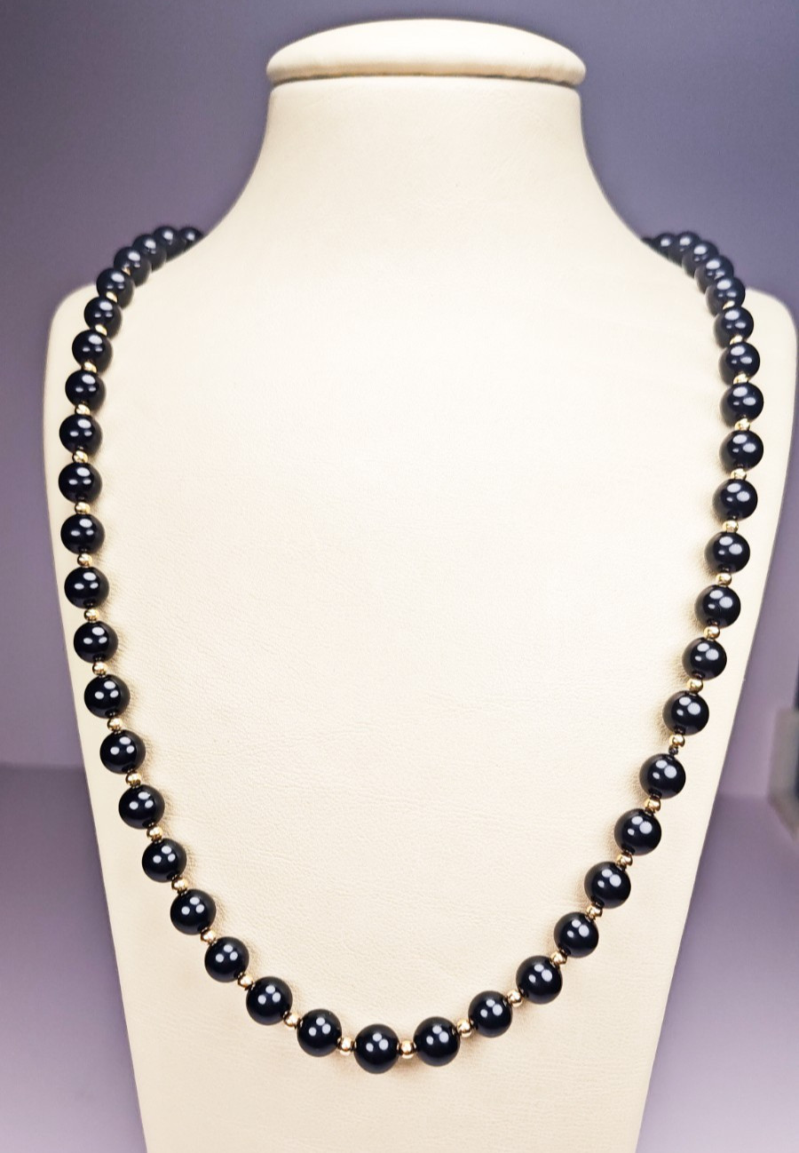 14K Yellow Gold Black Onyx Beaded Ball Necklace 29″ Long Estate 52.23g Vintage