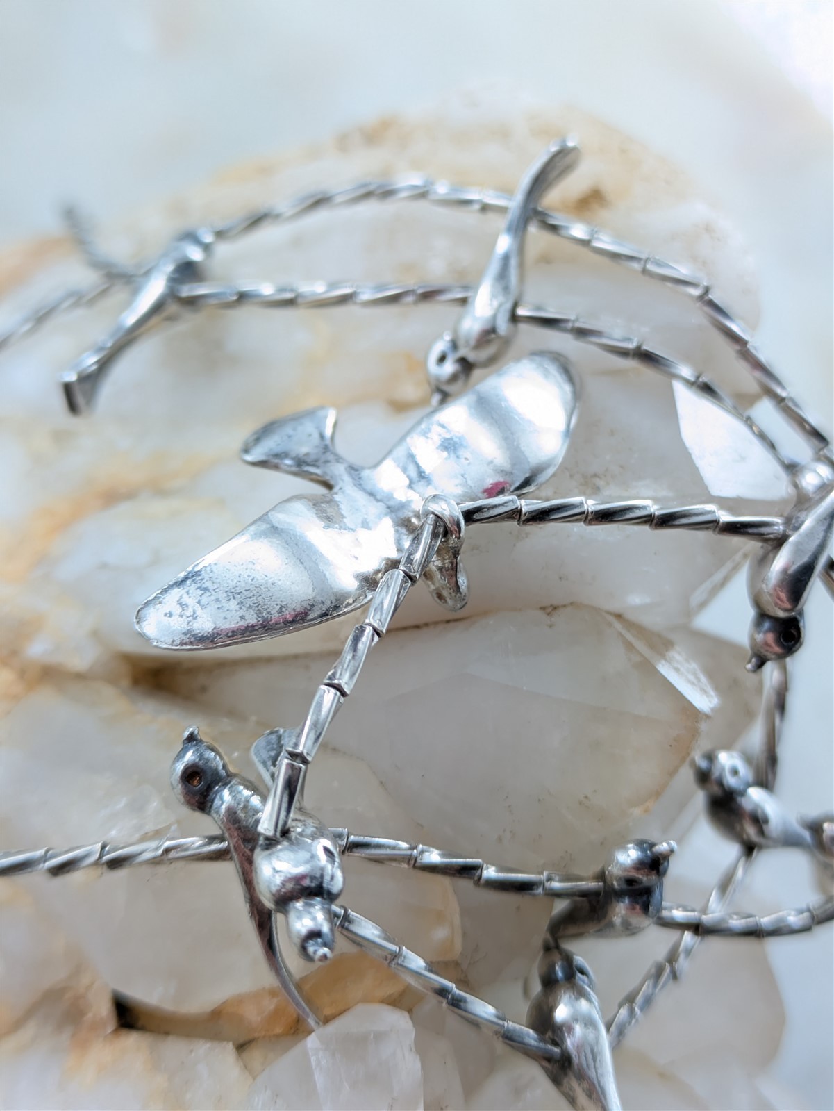 Vintage Solid Sterling Liquid Silver Fetish Beaded Bird Necklace 15.5 Grams