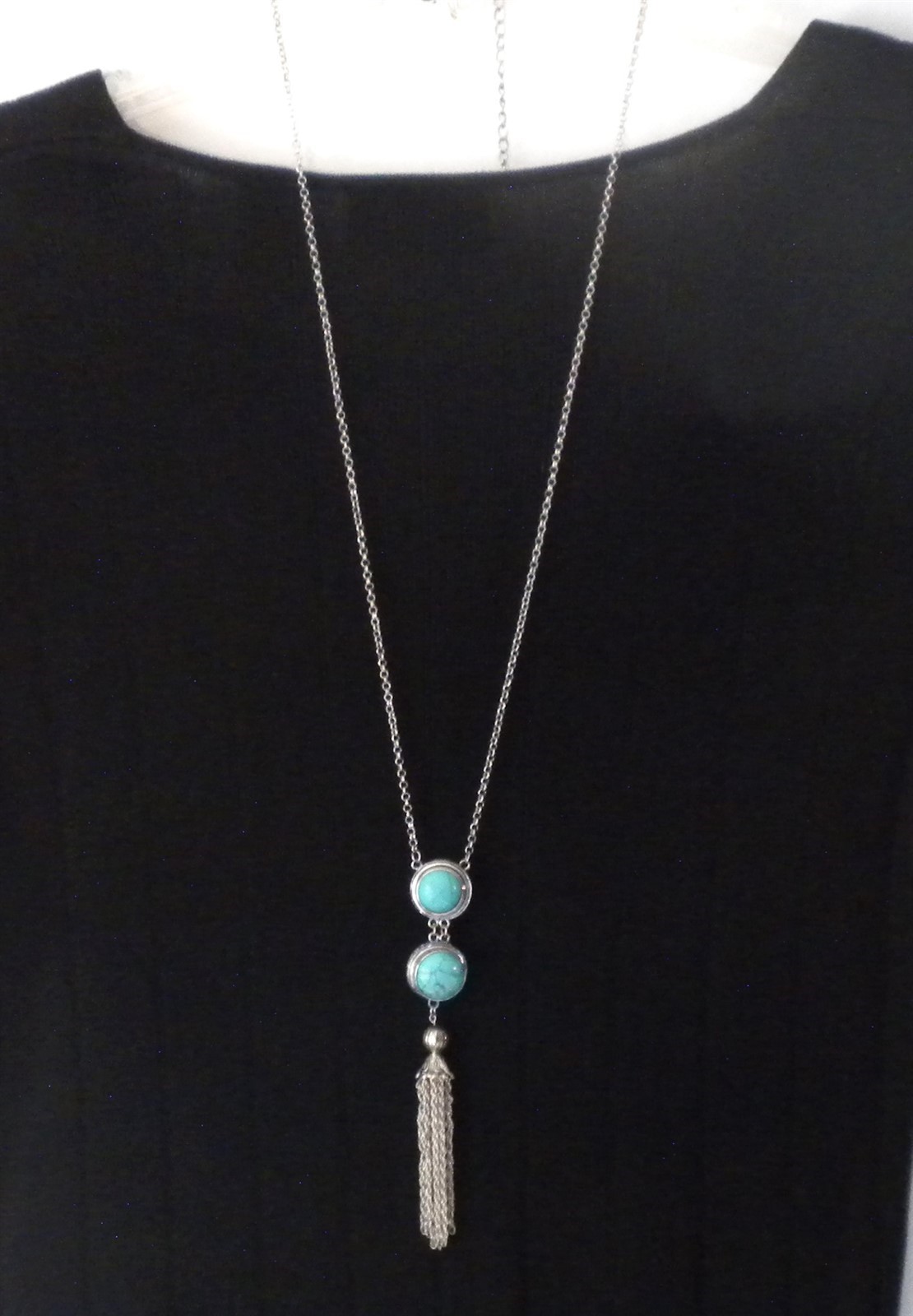 BIG SOUTHWESTERN STYLE TURQUOISE SILVERPLATE 30″ LARIAT PENDANT NECKLACE TASSEL