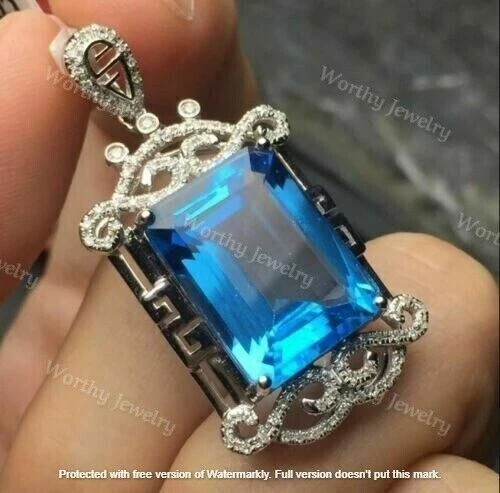 4Ct Emerald Cut Blue Topaz Solitaire Pendant 14K White Gold Finish With Chain