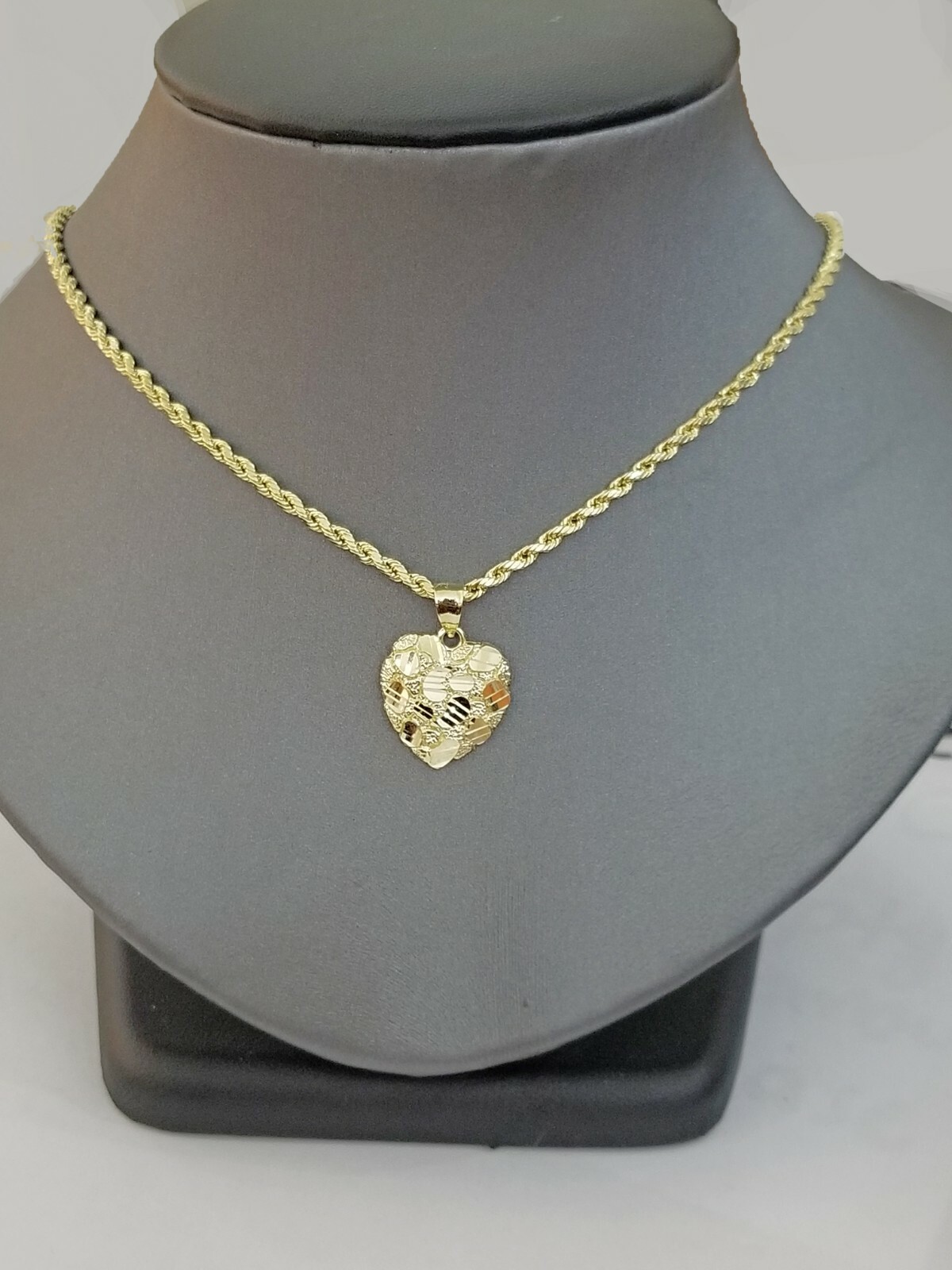 10k Yellow Gold Rope Chain Nugget Heart Charm Pendant 18″ 20″ 22″ 24″ 26″ 28″