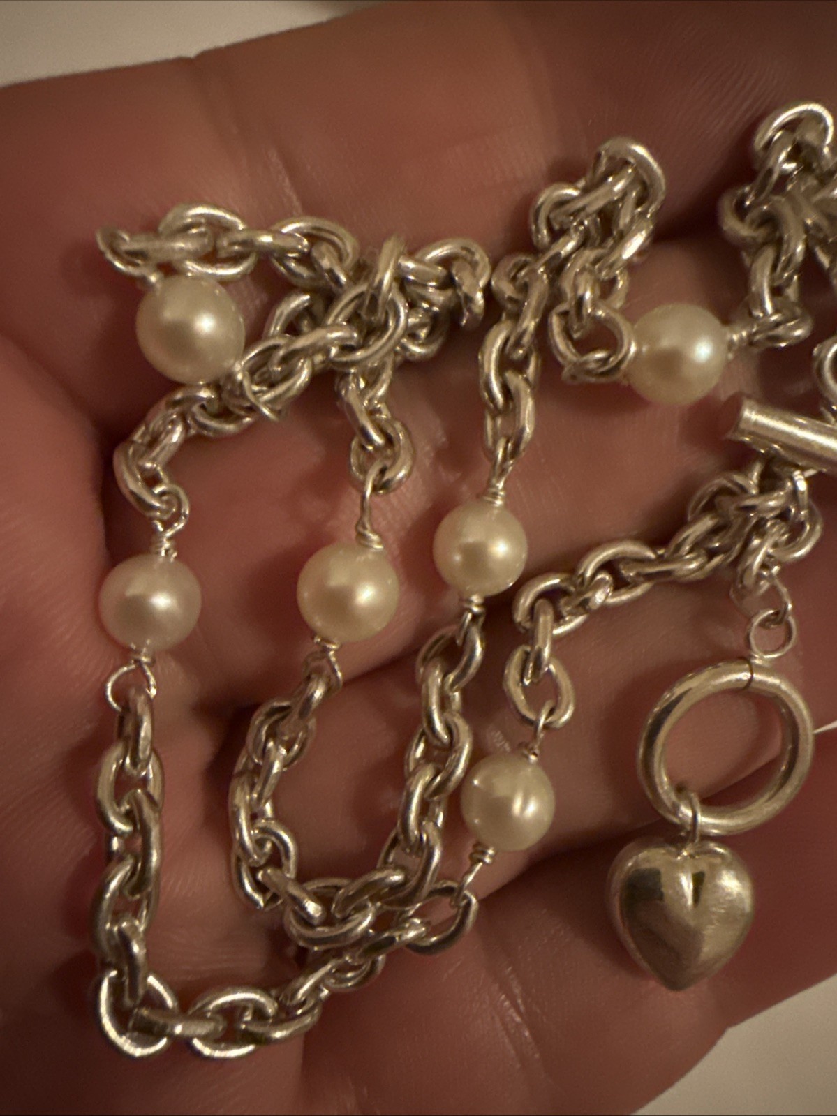 Necklace Cultured Pearl On Thick Sterling Silver Chain Toggle Clasp Heart Dangle