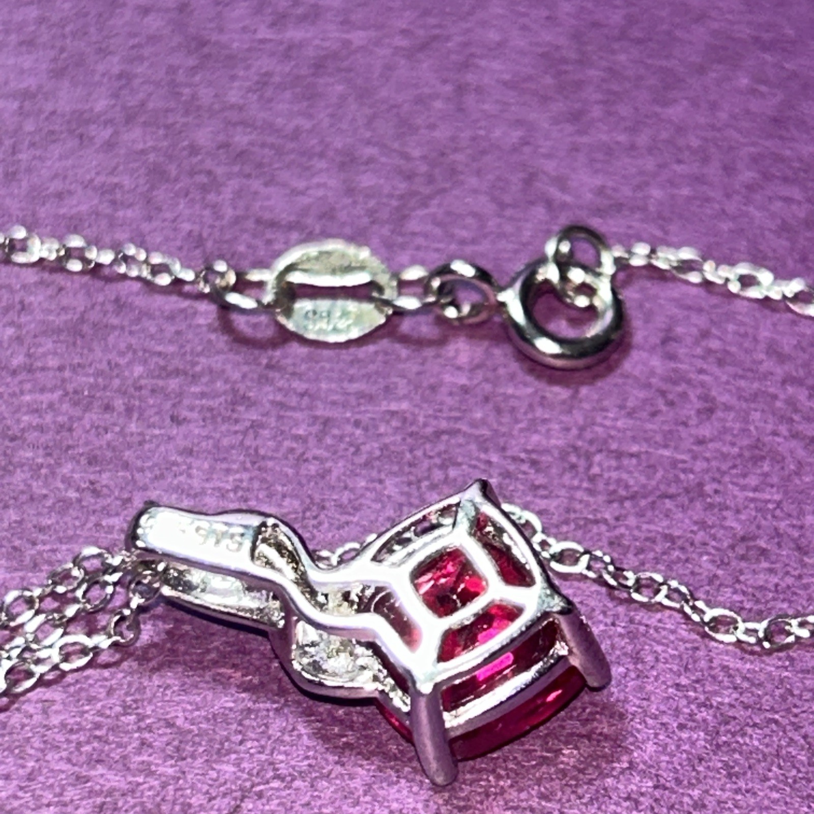 Sterling Silver Necklace with Synthetic Red Stone Marked 925