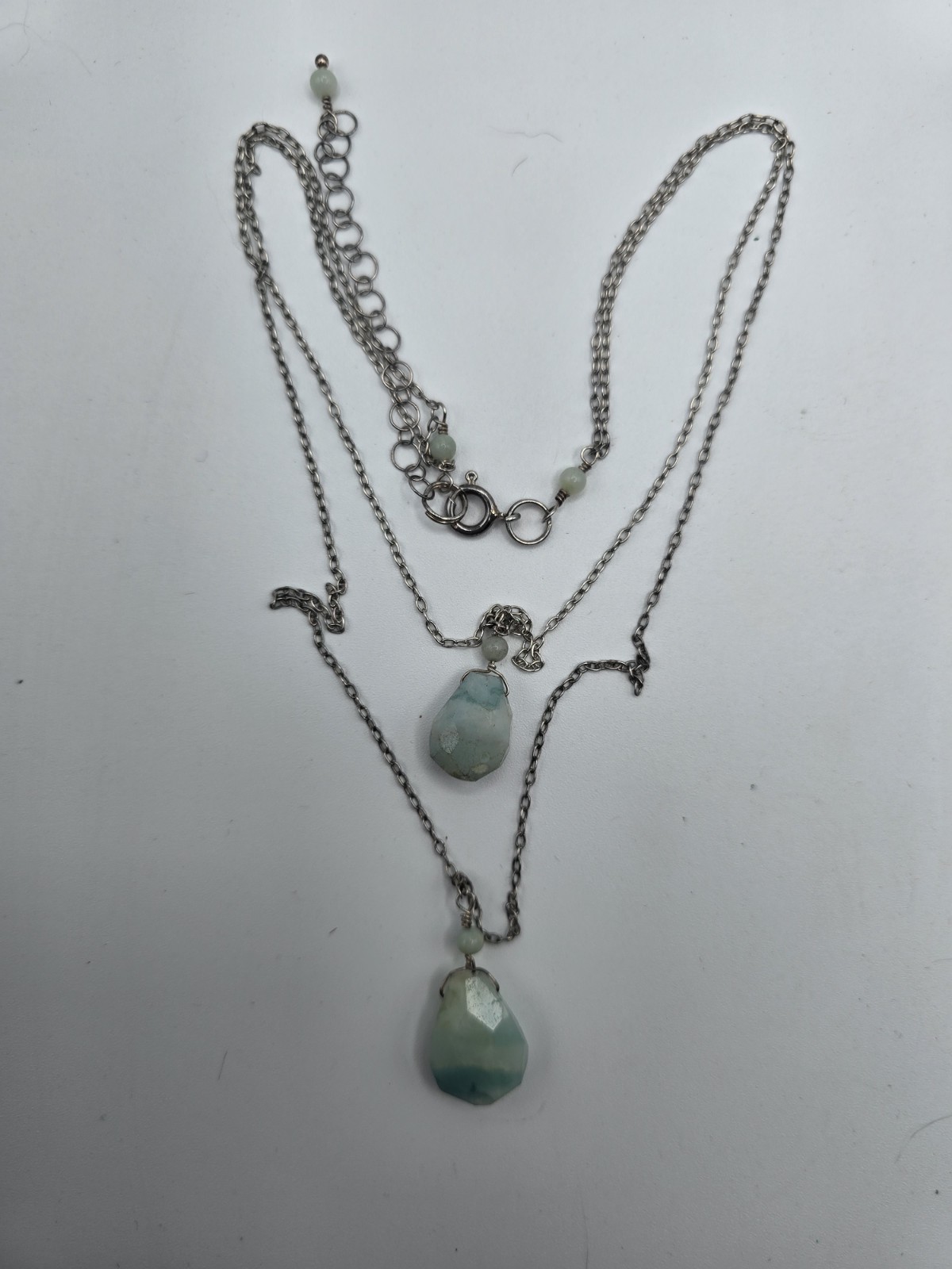 925 Sterling Silver Layered Double Chain Necklace Faceted Gemstone Pendants 16″