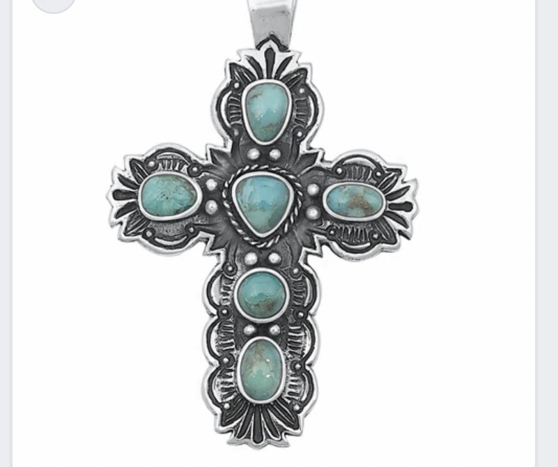 Sterling Silver Genuine Turquoise Cross Pendant & 20” SS Necklace Gorgeous!!🩵⭐️