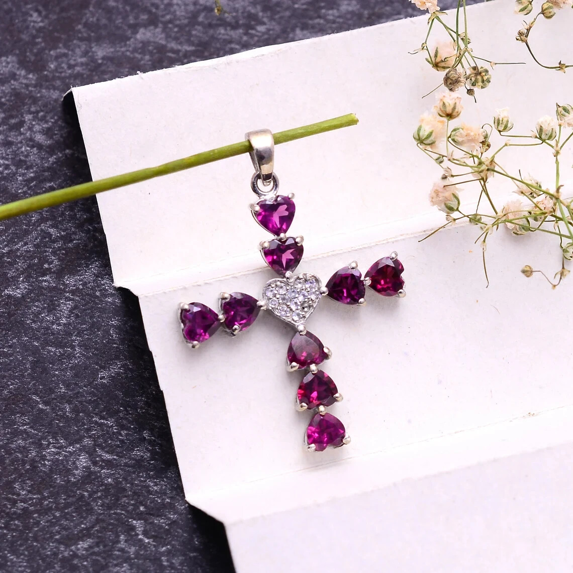 Rhodolite Garnet Gemstone Cross Pendant 925 Silver Dainty Pendant Gift For Him