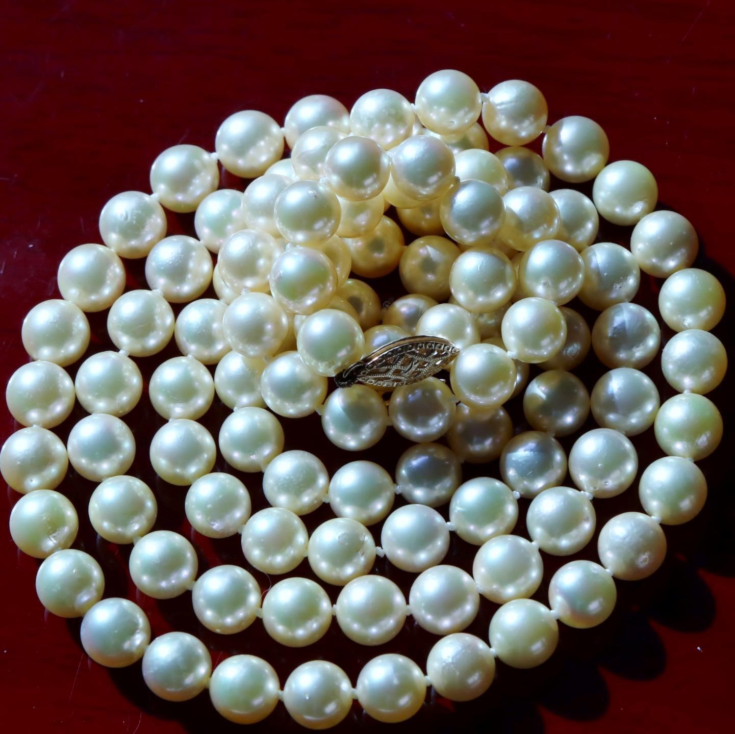 14kt yellow gold necklace 7.4 – 8 mm cultured pearl 35.0″ strand vintage 70.5gr