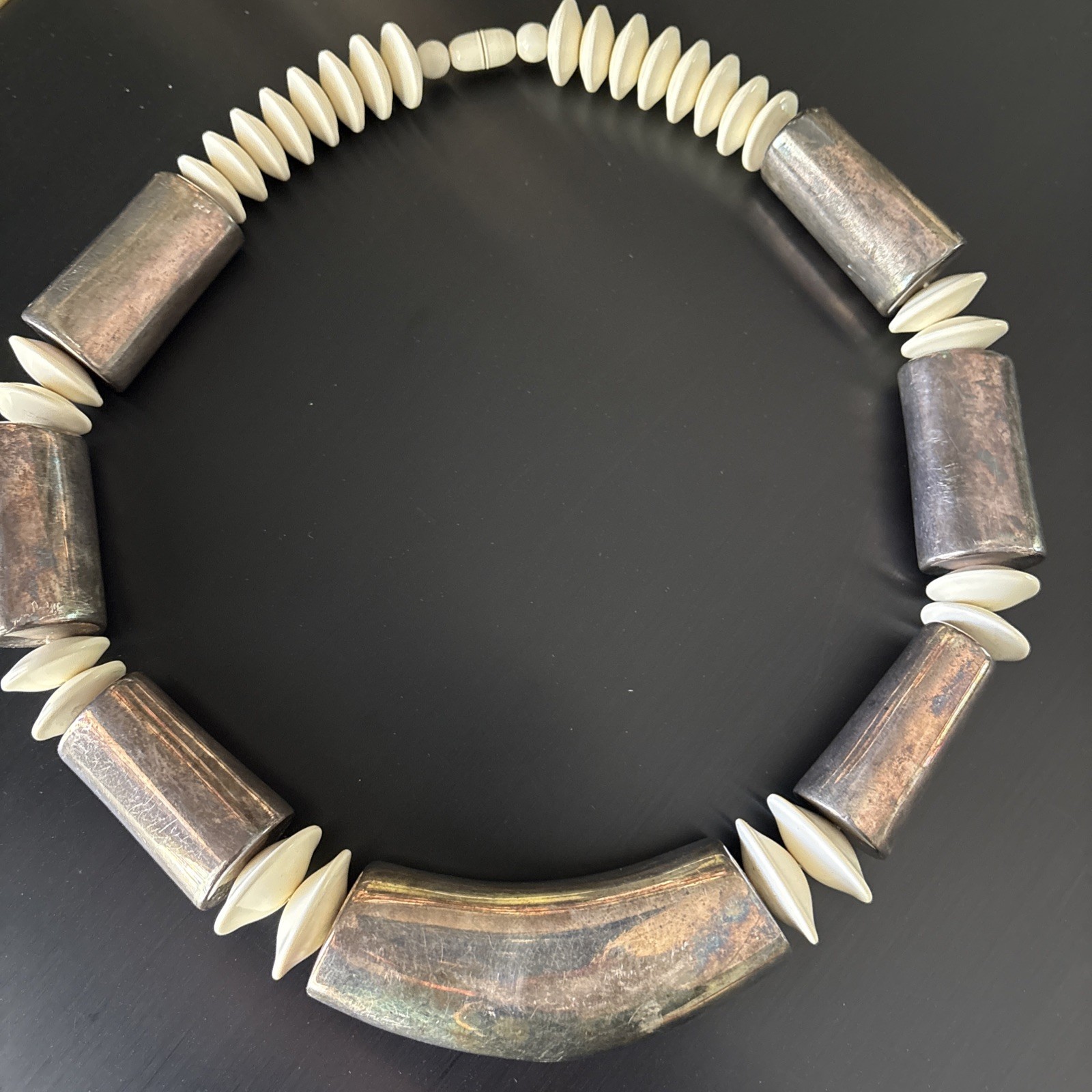 Necklace 283g 925 Sterling Silver Modernist Indigenous Beads Plastic Discs