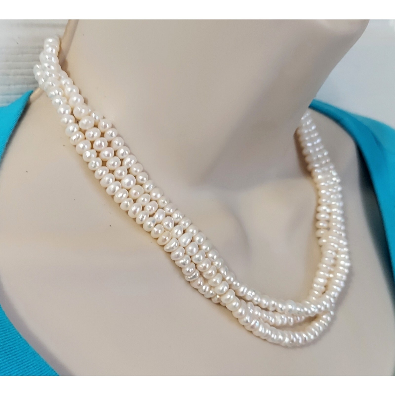 Triple Strand White 6mm Freshwater Pearl Necklace w 14kt Gold Round Box Clasp