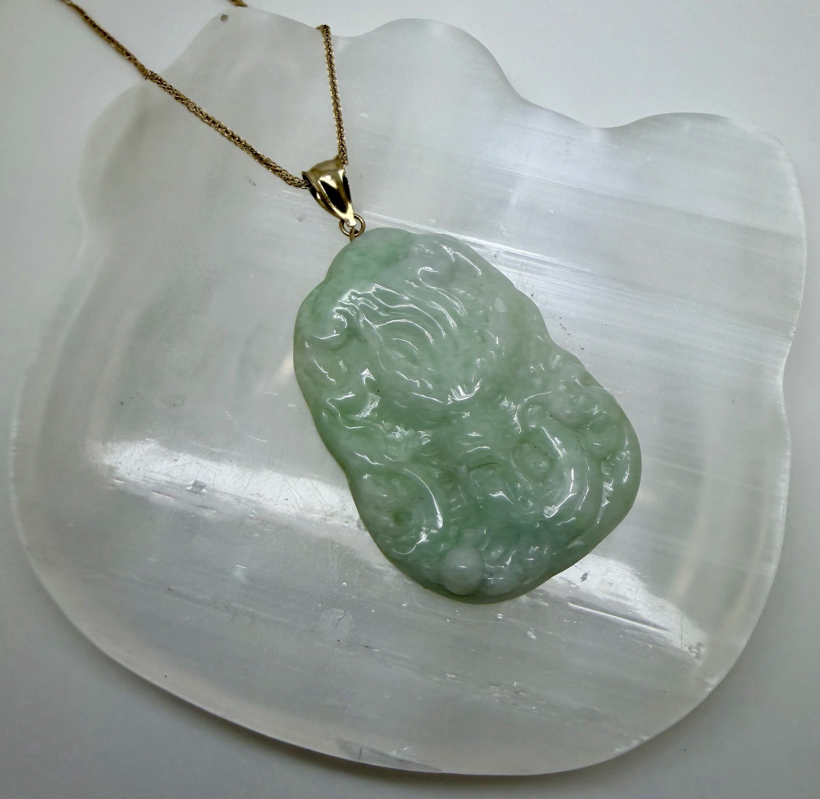 Real 10K Bail Top 100% Natural Green Jade Pendant Dragon Myanmar Jade FREE CHAIN